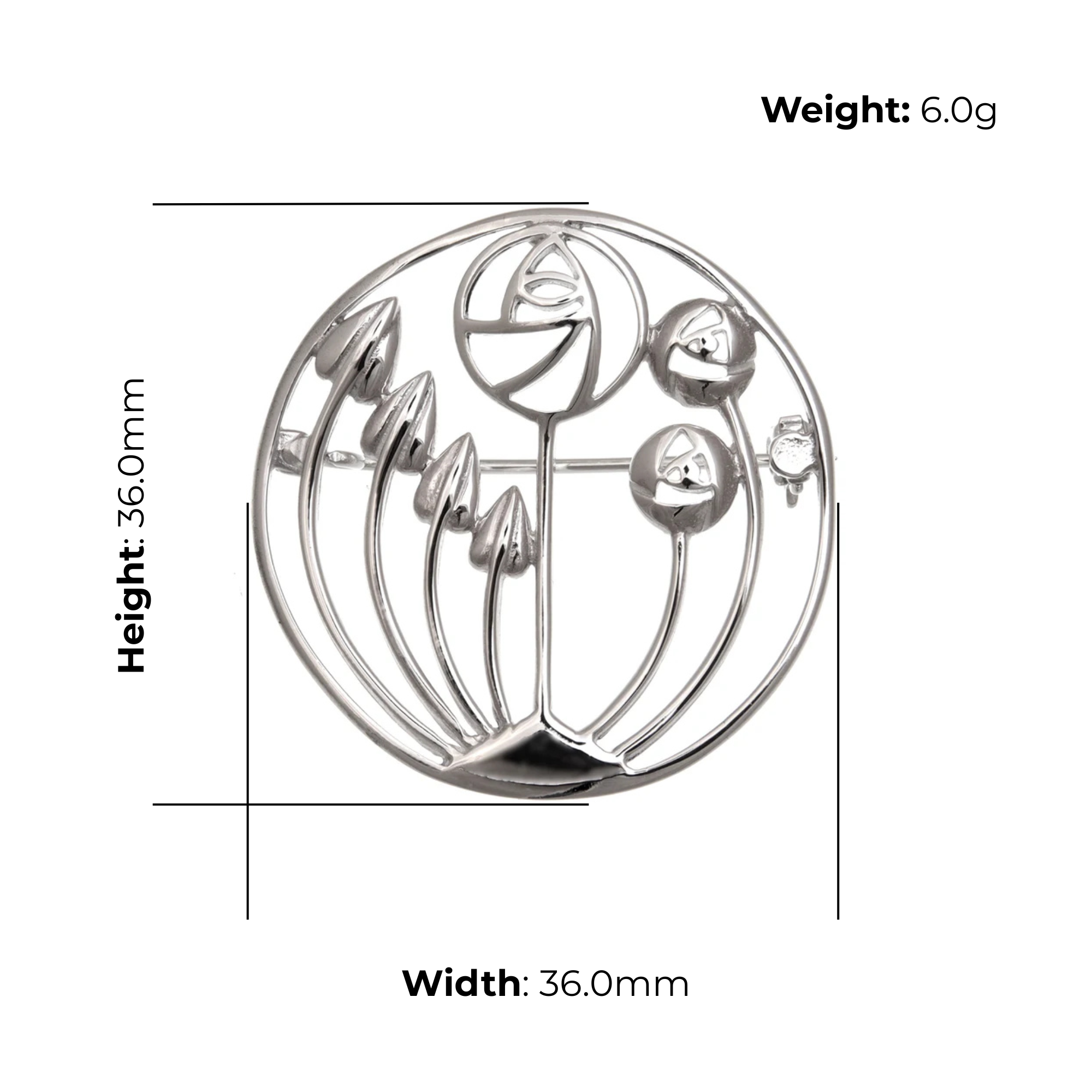 Sterling Silver Charles Rennie Mackintosh Circle Brooch, layered rose design, product dimensions shown, width 36mm, height 36mm, weight 6g