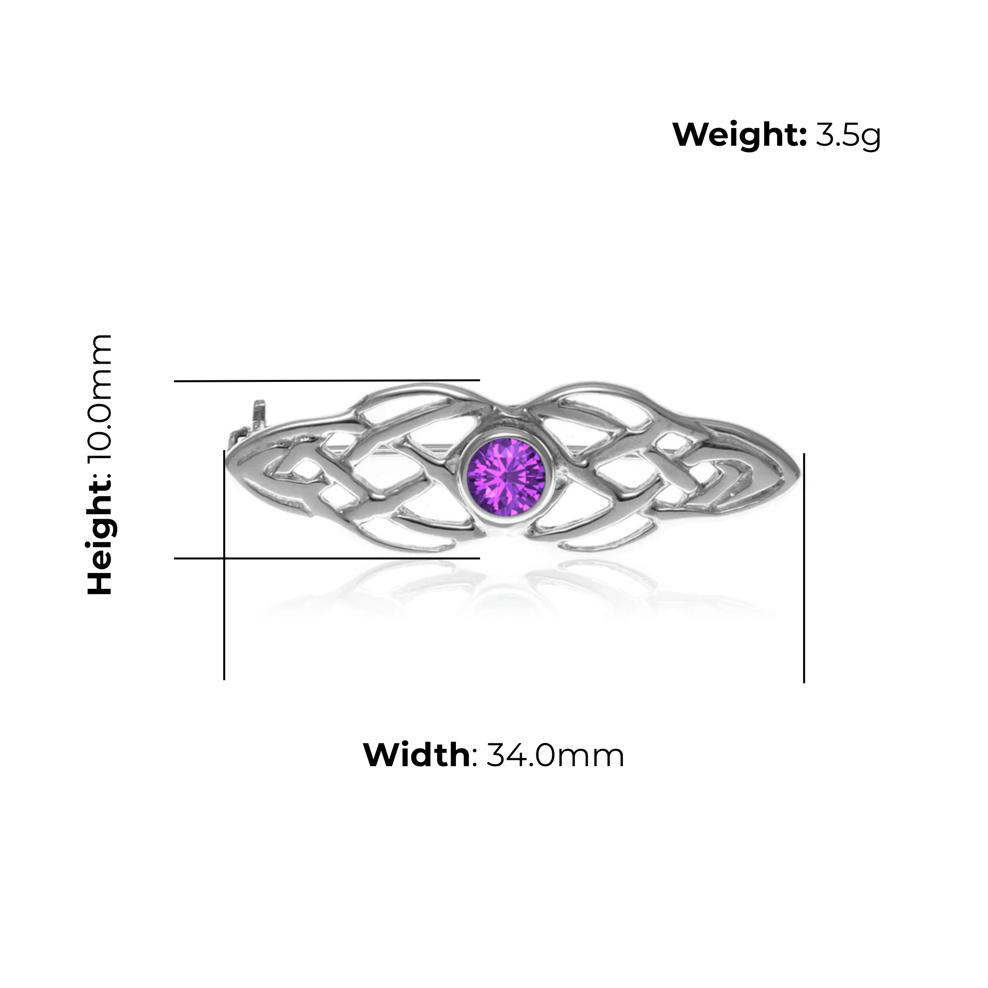 Sterling Silver Celtic Knot Navette Brooch, round purple cubic zirconia, product dimensions shown, width 34mm, height 10mm, weight 3.5g