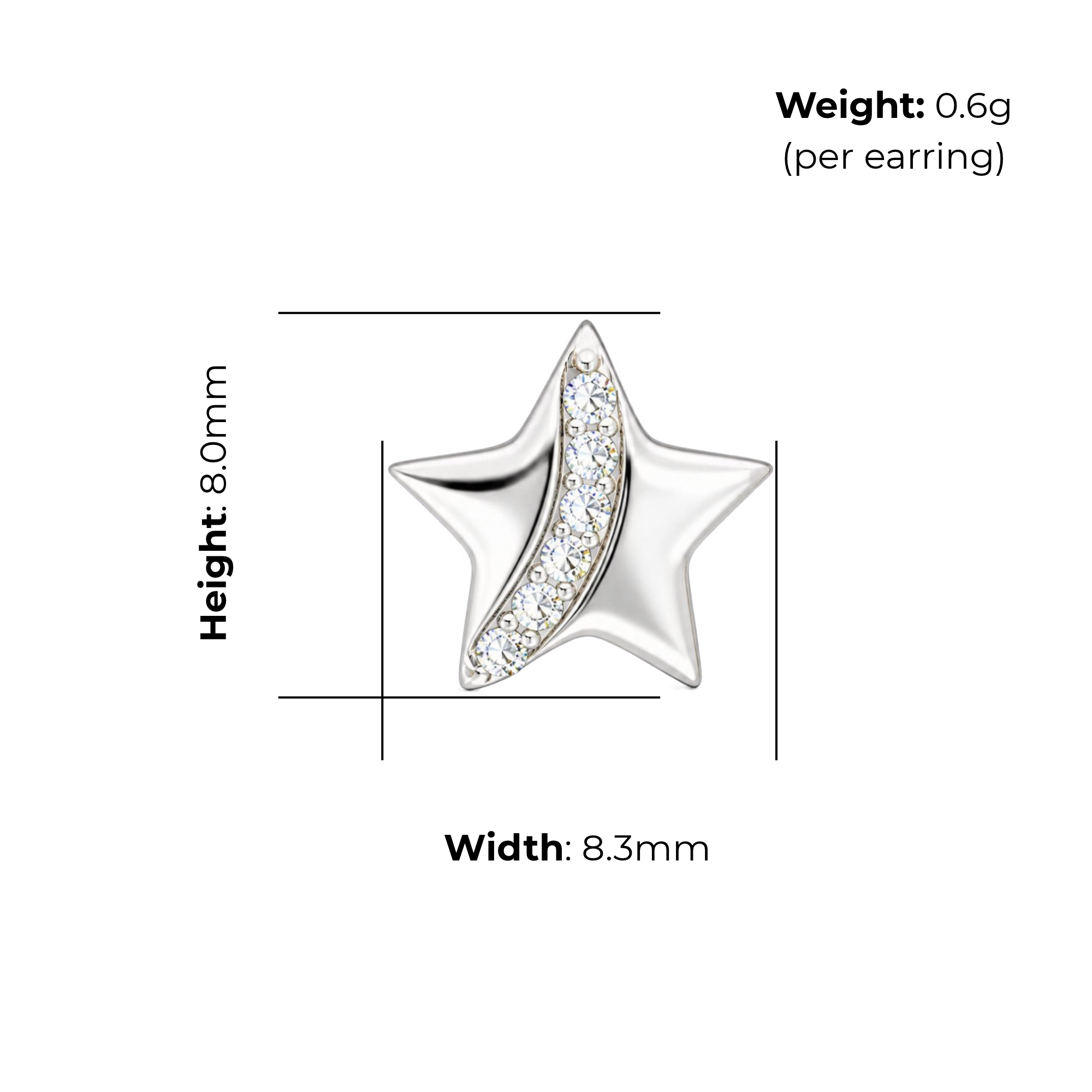 Sterling Silver Star Stud Earrings, Pave-Set CZ Detail, product dimensions shown, width 8.3mm, height 8.0mm, weight 0.6g per earring.
