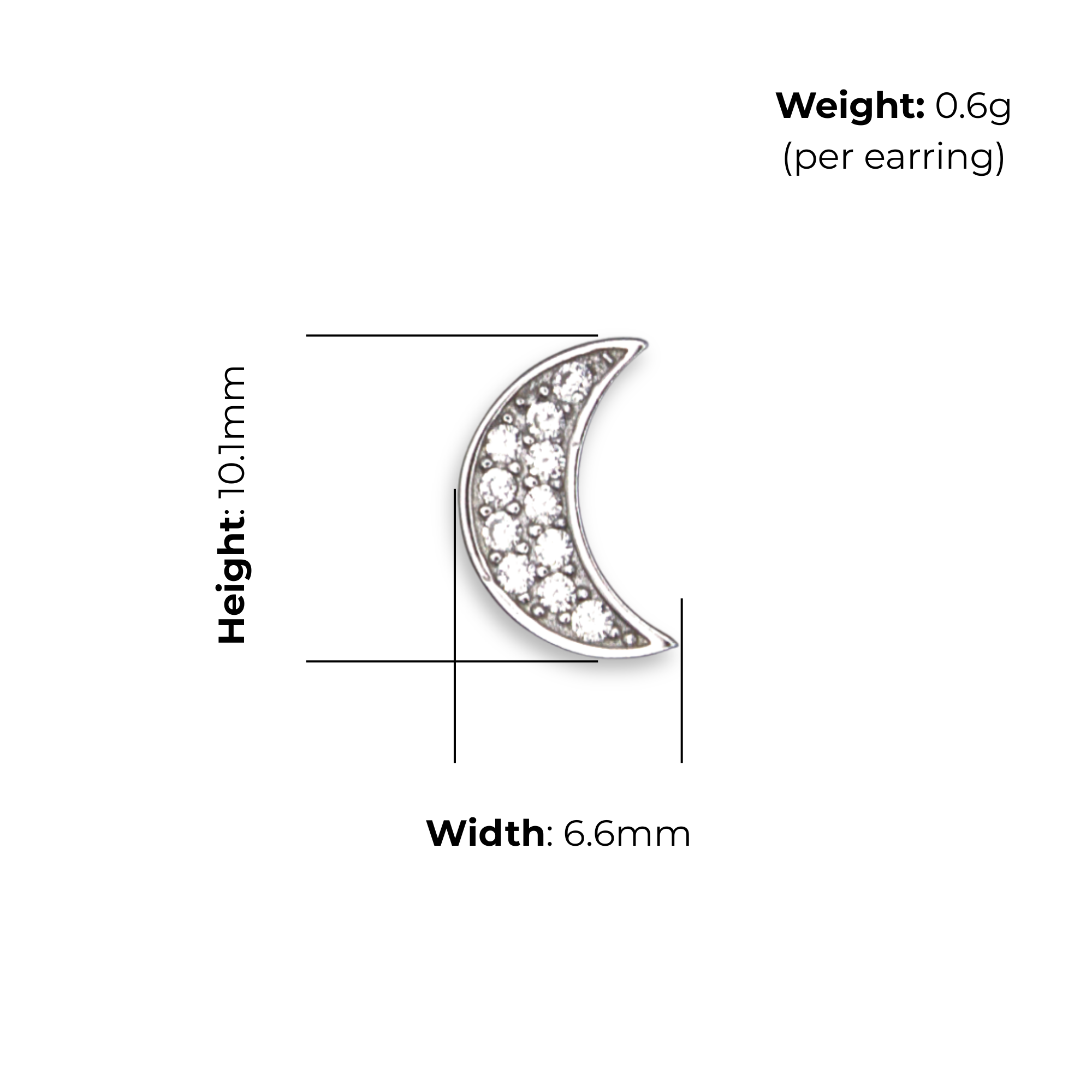 Sterling Silver Crescent Moon CZ Stud Earrings, product dimensions shown, width 6.6mm, height 10.1mm, weight 0.6g per earring