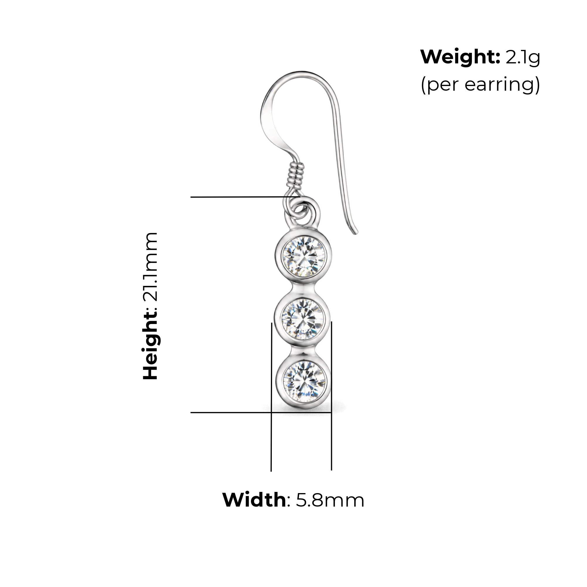 Sterling Silver Three Stone CZ Drop Earrings, product dimensions shown, width 5.8mm, height 21.1mm, weight 2.1g per earring.