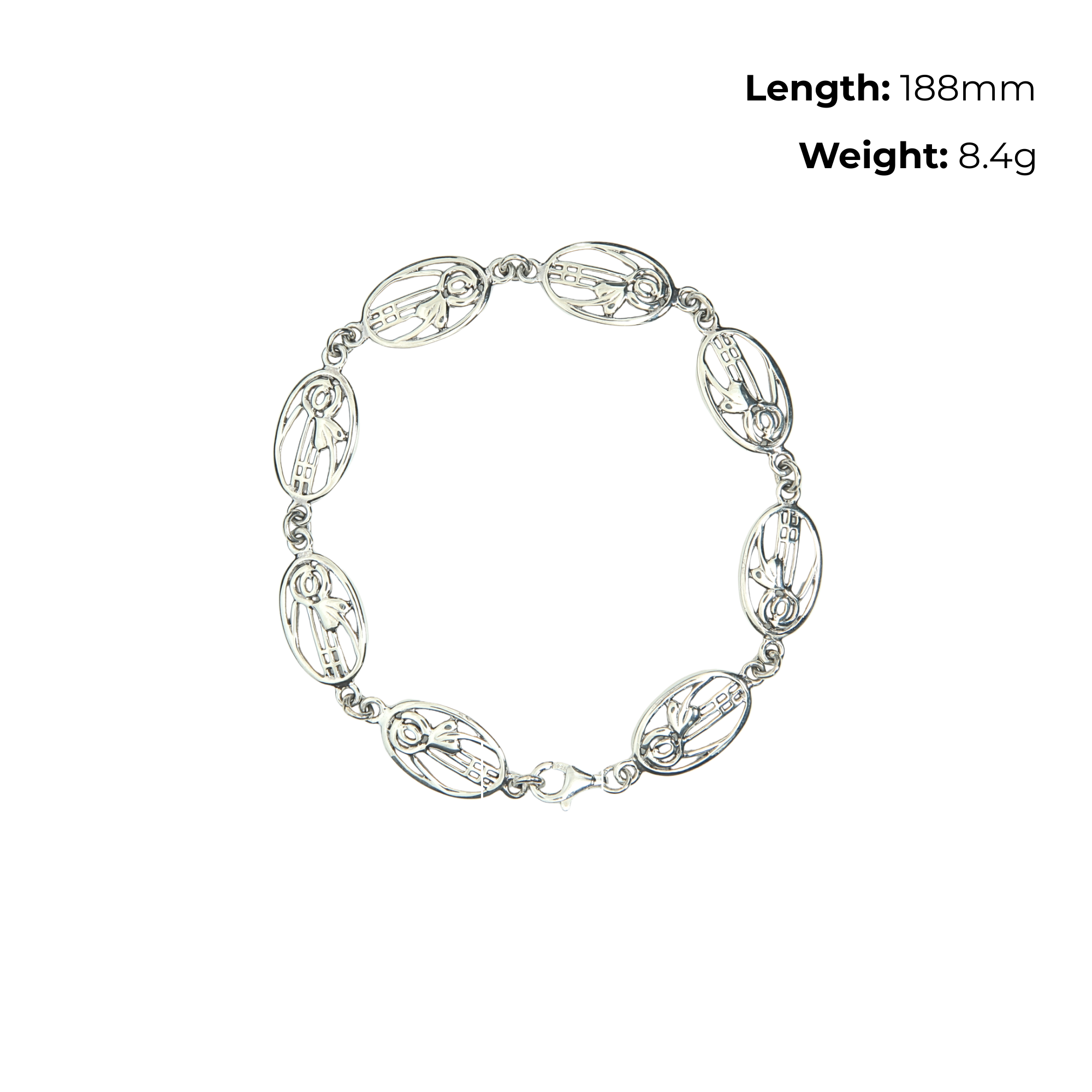 Sterling Silver Charles Rennie Mackintosh Rose Link Bracelet, geometric grid, product dimensions shown, length 188mm, weight 8.4g