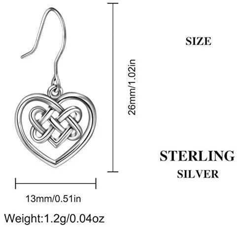 Sterling Silver Celtic Knotwork Heart Drop Earrings, basketweave interlace interior, open heart frame, fish hook fitting, product dimensions shown, width 13mm by height 26mm, weight (each) 1.2g