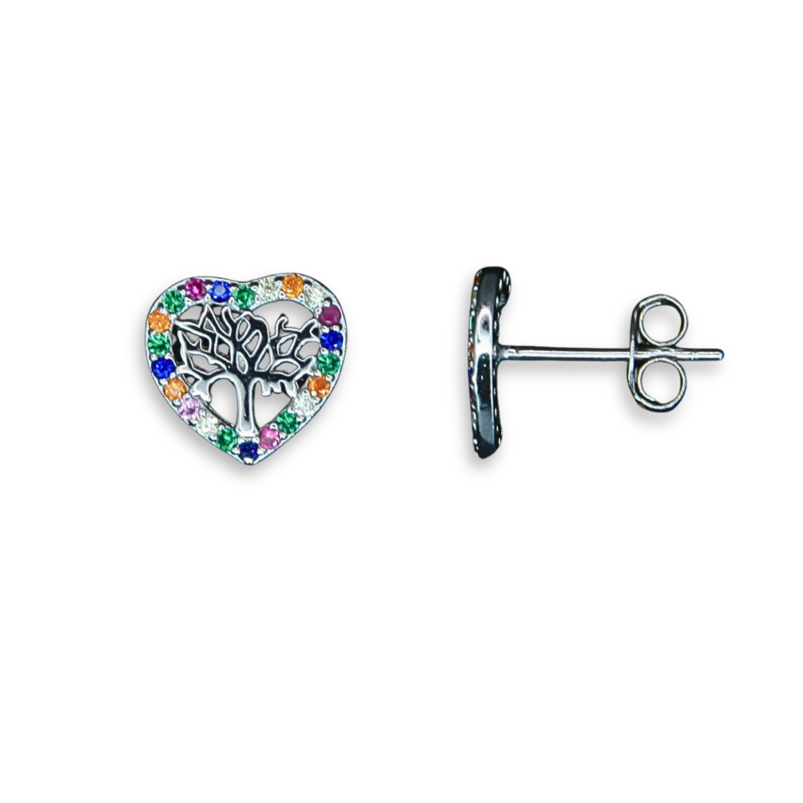 Sterling Silver Tree of Life Heart Stud Earrings, Multi-Colour CZ Border