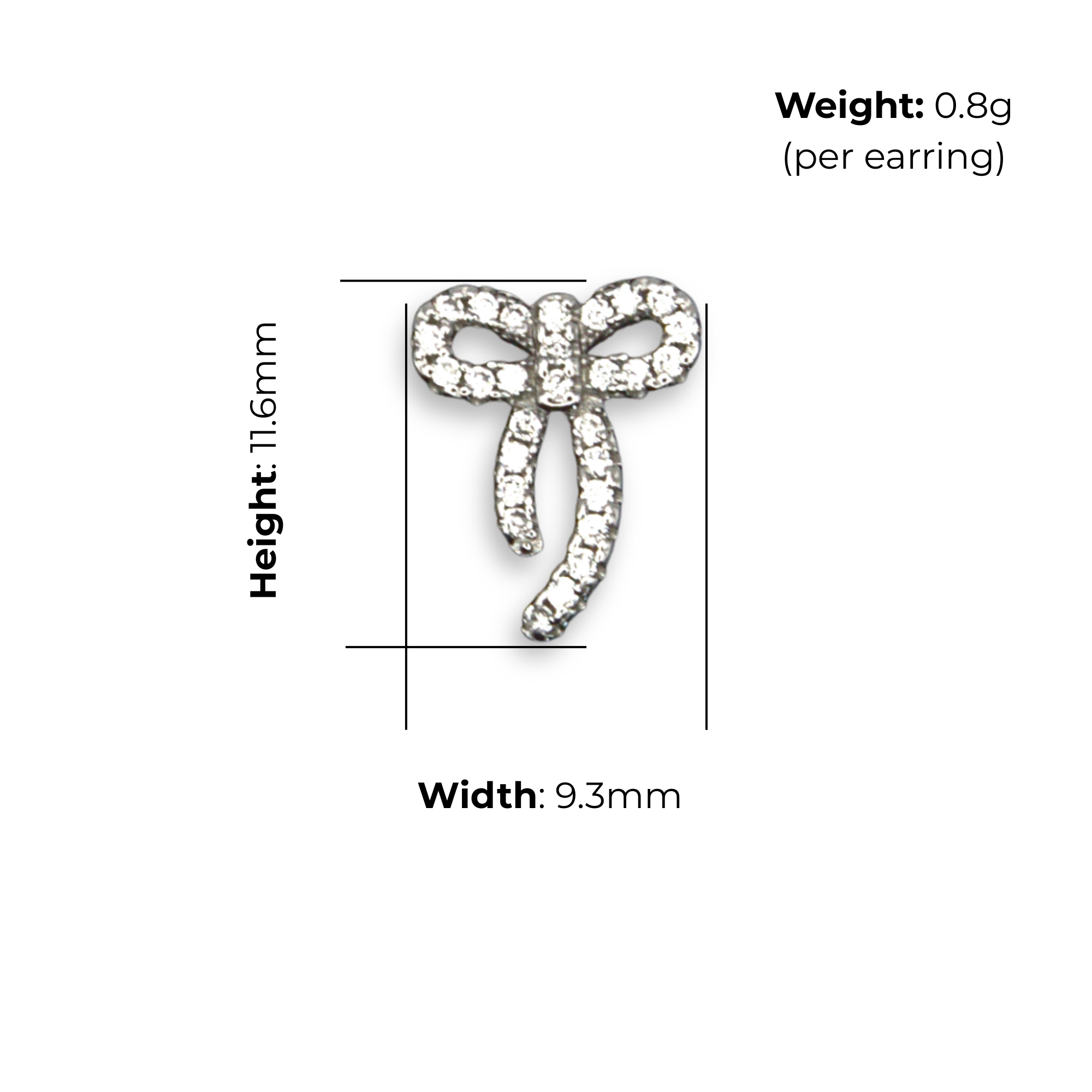 Sterling Silver Bow Stud Earrings, Pave-Set CZ, product dimensions shown, width 9.3mm, height 11.6mm, weight 0.8g per earring.