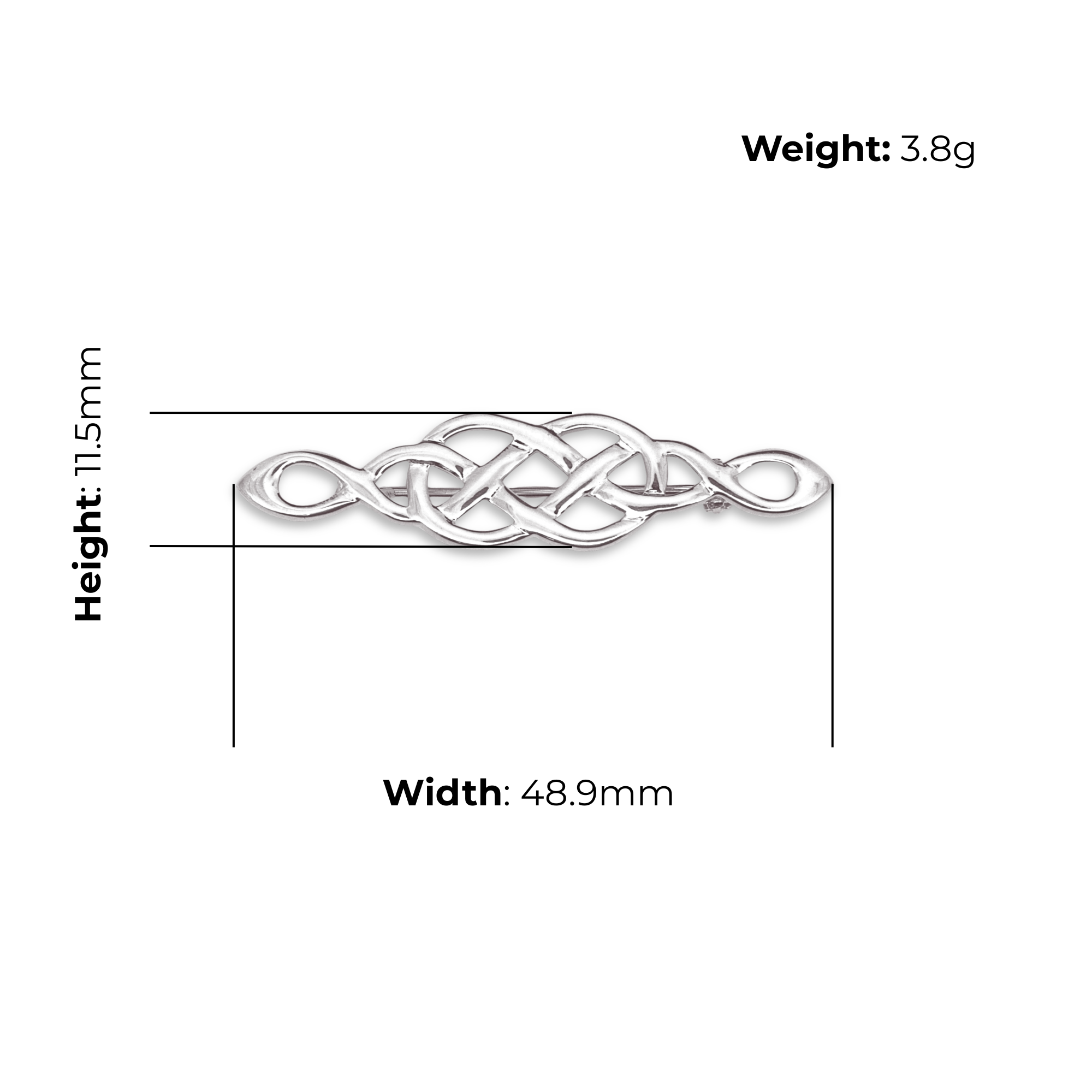 Sterling Silver Celtic Knotwork Navette Brooch, interlaced plaitwork design, product dimensions shown, width 48.9mm, height 11.5mm, weight 3.8g