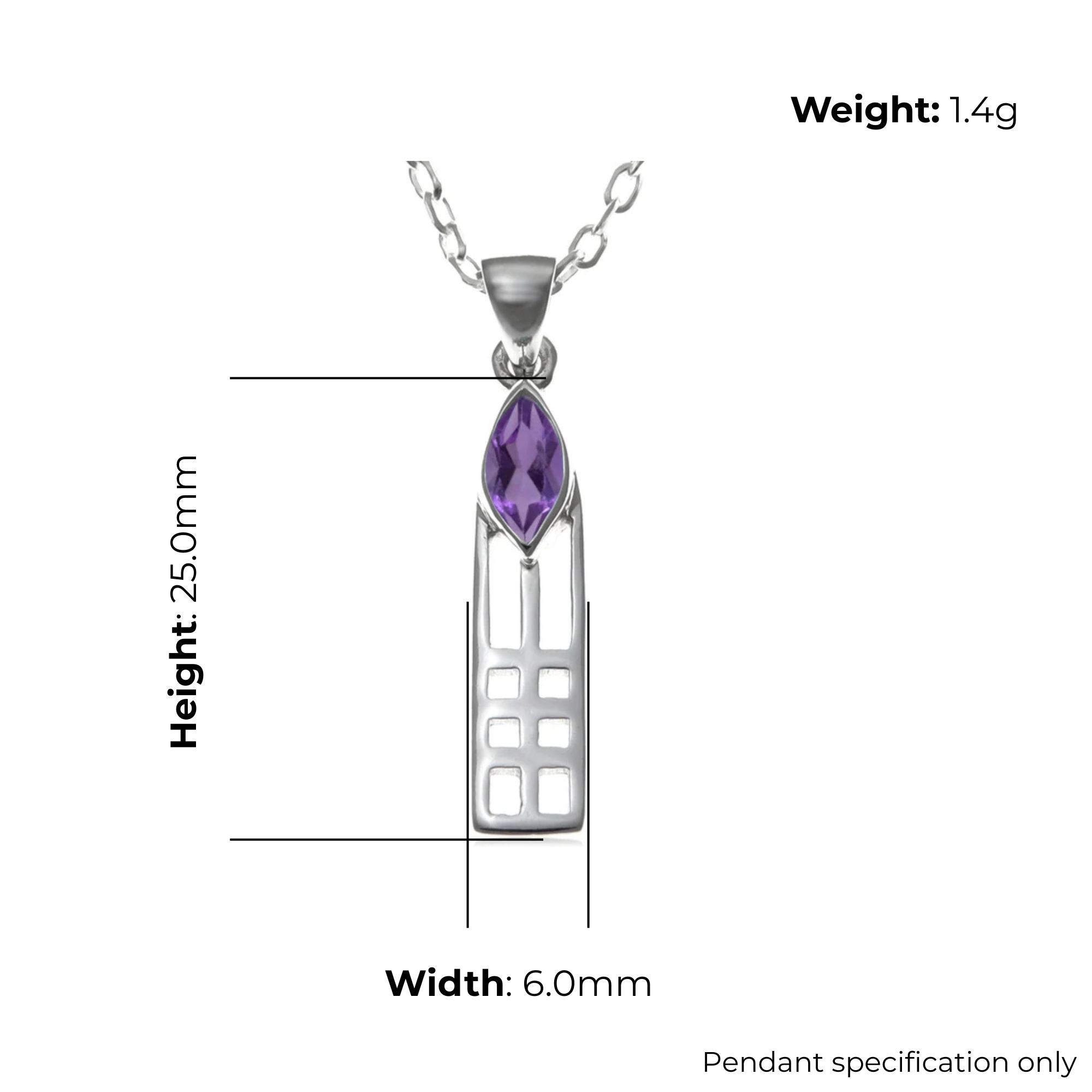 Sterling Silver Charles Rennie Mackintosh Column Pendant, geometric grid design, product dimensions shown, width 6mm, height 25mm, weight 1.4g, pendant specification only