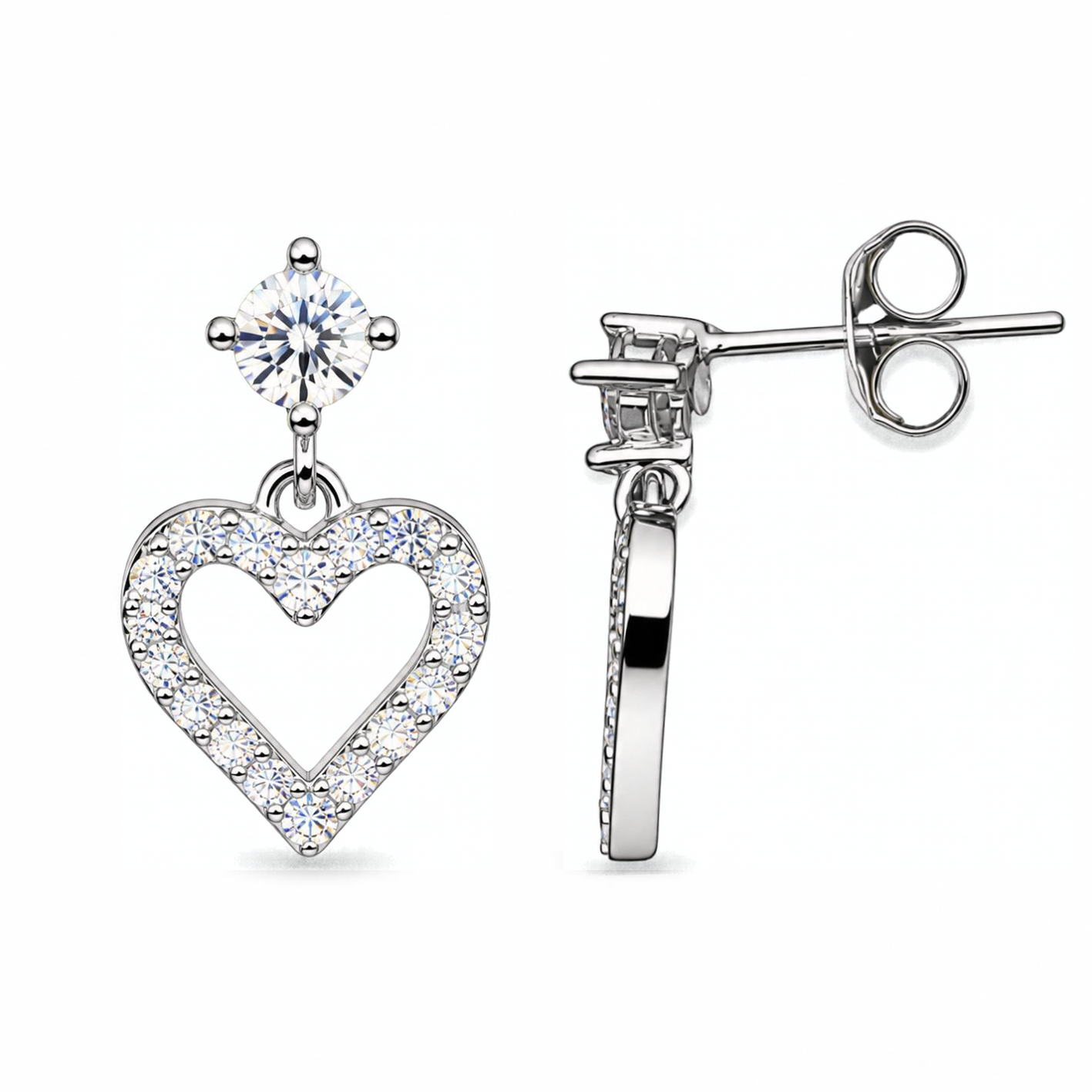 Sterling Silver Open Heart Stud Earrings, CZ Stud with Pave-Set Heart Drop