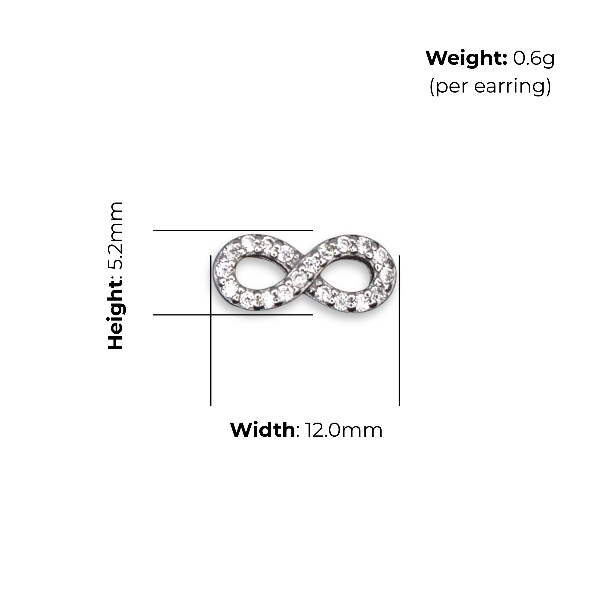 Sterling Silver Open Infinity Stud Earrings with CZ, product dimensions shown, width 12mm, height 5.2mm, weight 0.6g per earring