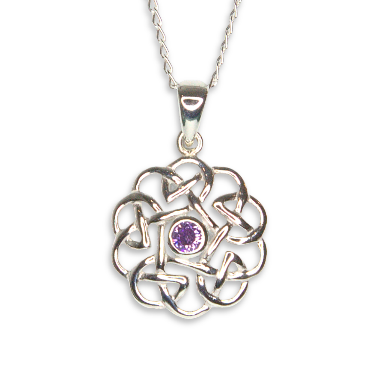 Silver & Purple Stone Celtic Knot Round Pendant (SP2210)