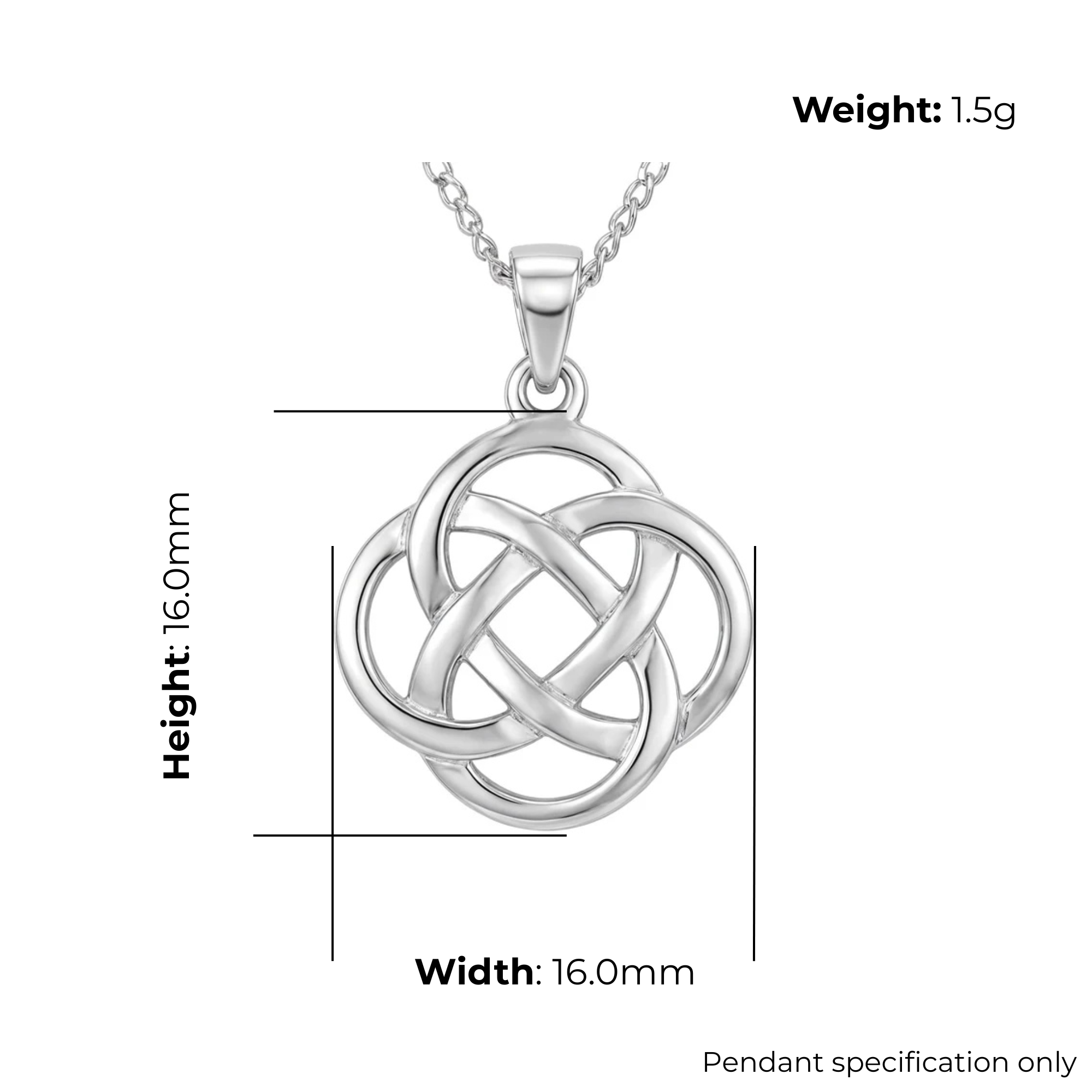 Sterling silver Celtic knotwork round pendant, product dimensions shown, width 16mm, height 16mm, weight 1.5g, pendant specification only