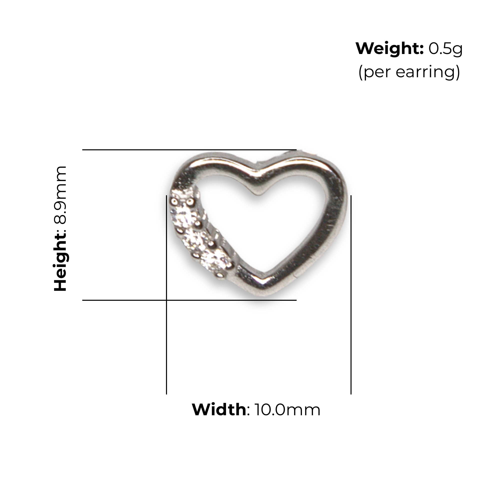 Sterling Silver Open Heart Stud Earrings with CZ, product dimensions shown, width 10mm, height 8.9mm, weight 0.5g per earring
