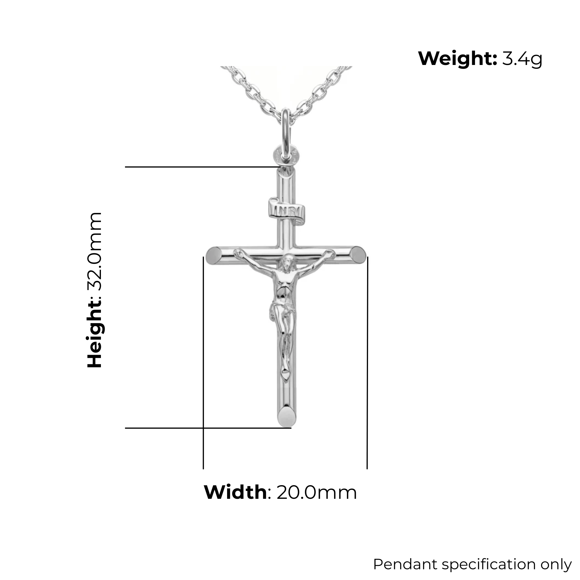 Sterling Silver Crucifix Pendant, tubular arms, INRI tablet, product dimensions shown, width 20m, height 32mm, weight 3.4g, pendant specification only