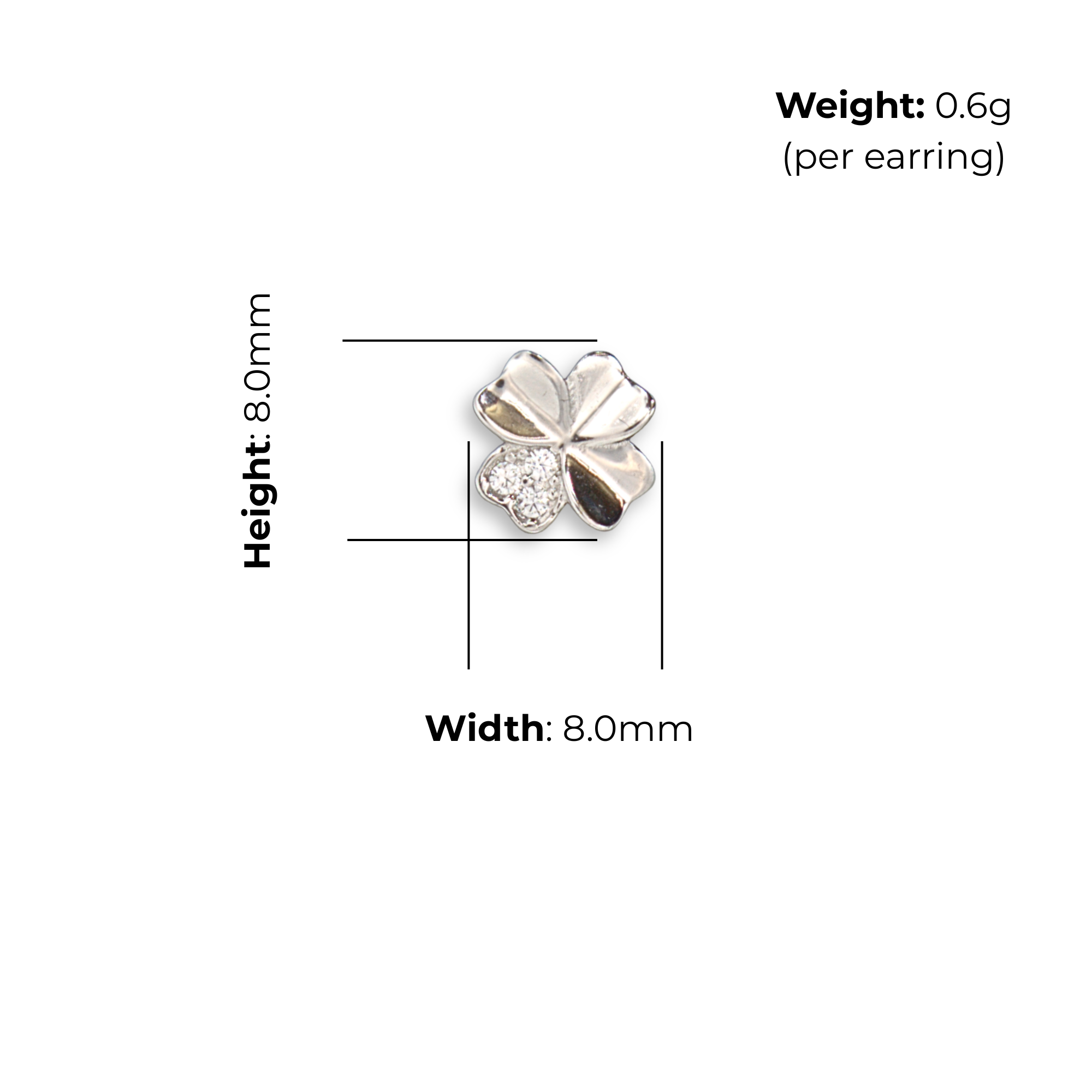 Sterling Silver Four-Leaf Clover Pendant & Stud Earring Set, Pave-Set CZ Detail, product dimensions shown, earrings height 8.0mm, width 8.0mm.