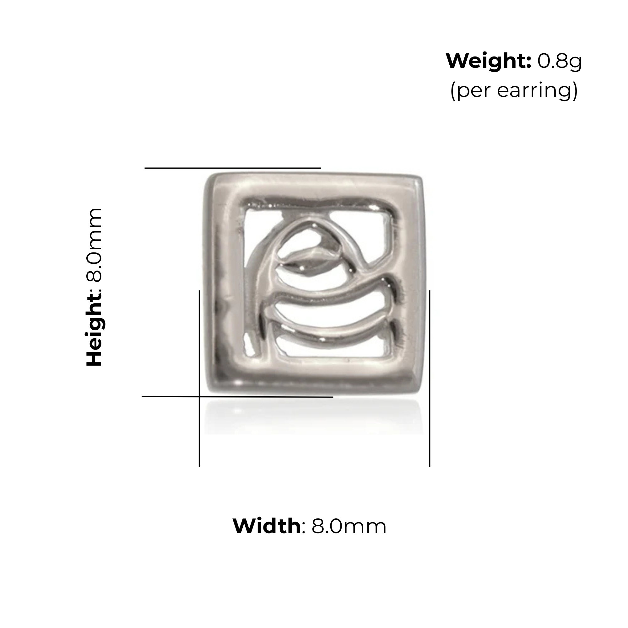 Sterling Silver Charles Rennie Mackintosh Square Stud Earrings, rose relief design, product dimensions shown, width 8mm, height 8mm, weight 0.8g per earring