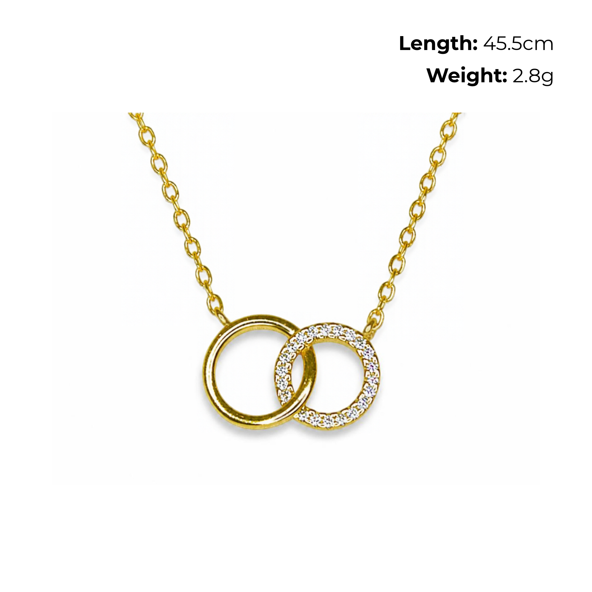 Sterling Silver Interlocking Circles Necklet, Gold Plated, CZ Detail, product dimensions shown, length 45.5cm, weight 2.8g.