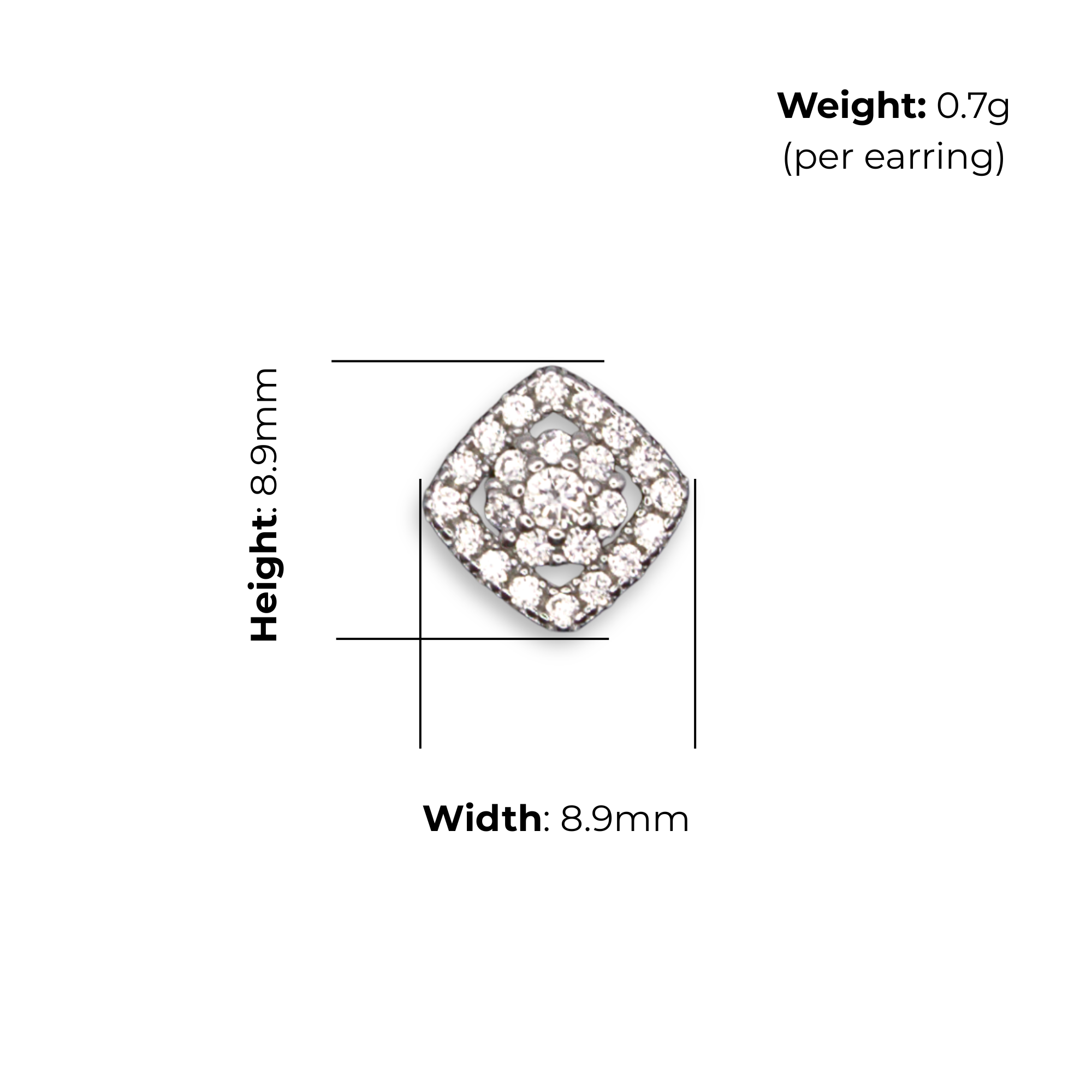 Sterling Silver CZ Cluster Stud Earrings, product dimensions shown, width 8.9mm, height 8.9mm, weight 0.7g per earring
