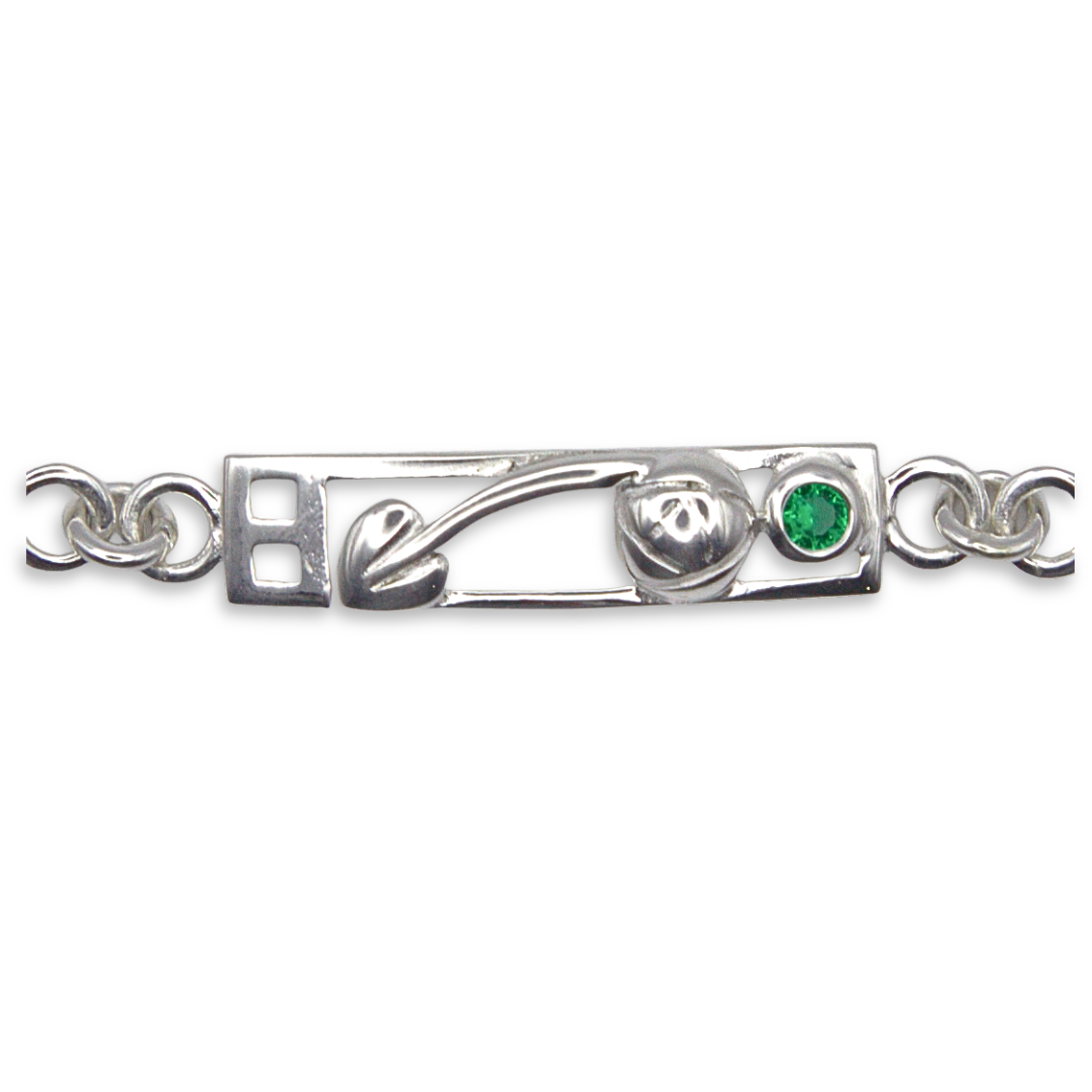 Sterling Silver & Green Stone Charles Rennie Mackintosh Bar Bracelet, link close up shown- 19cm