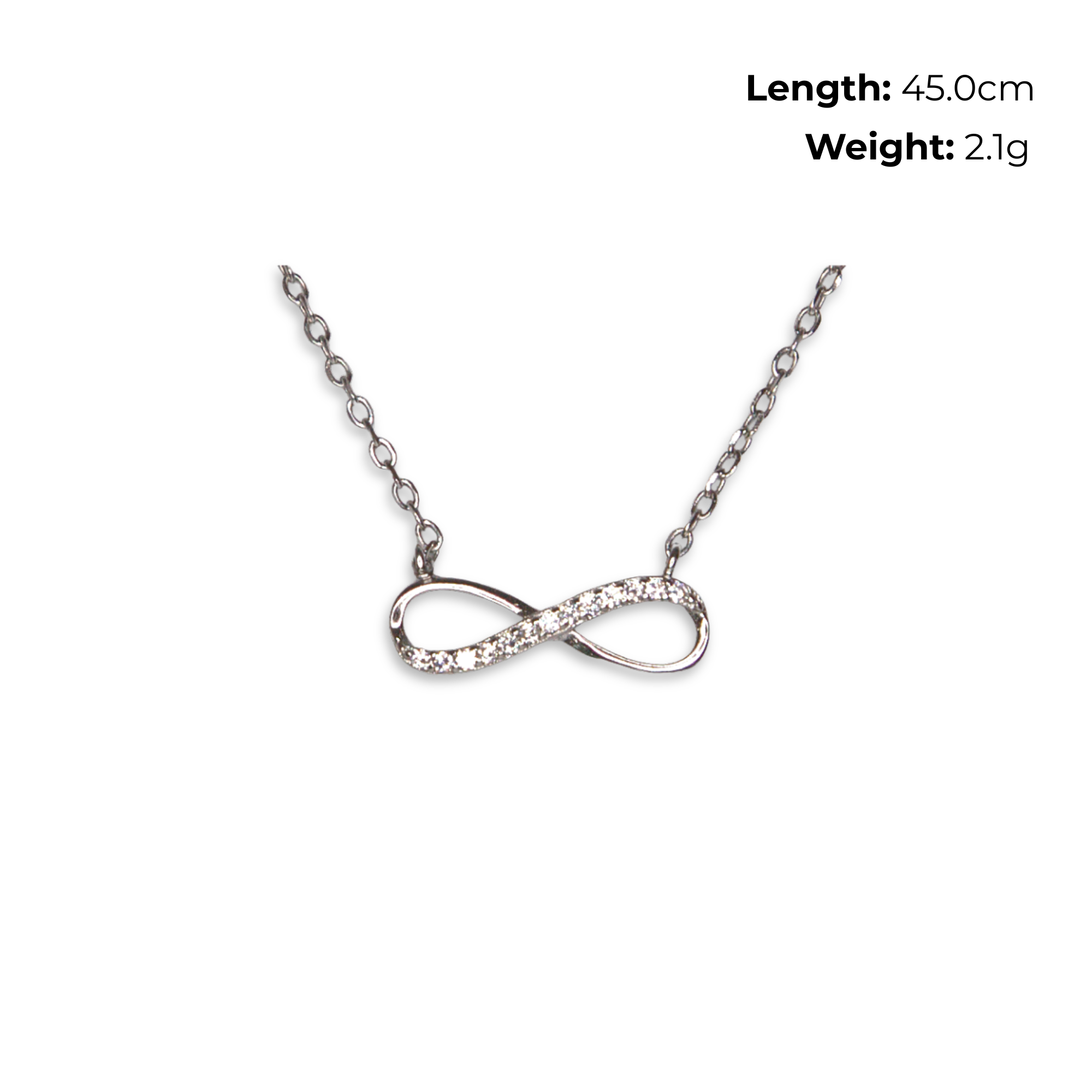 Sterling Silver Infinity Necklet with CZ, product dimensions shown, length 45cm, weight 2.1g