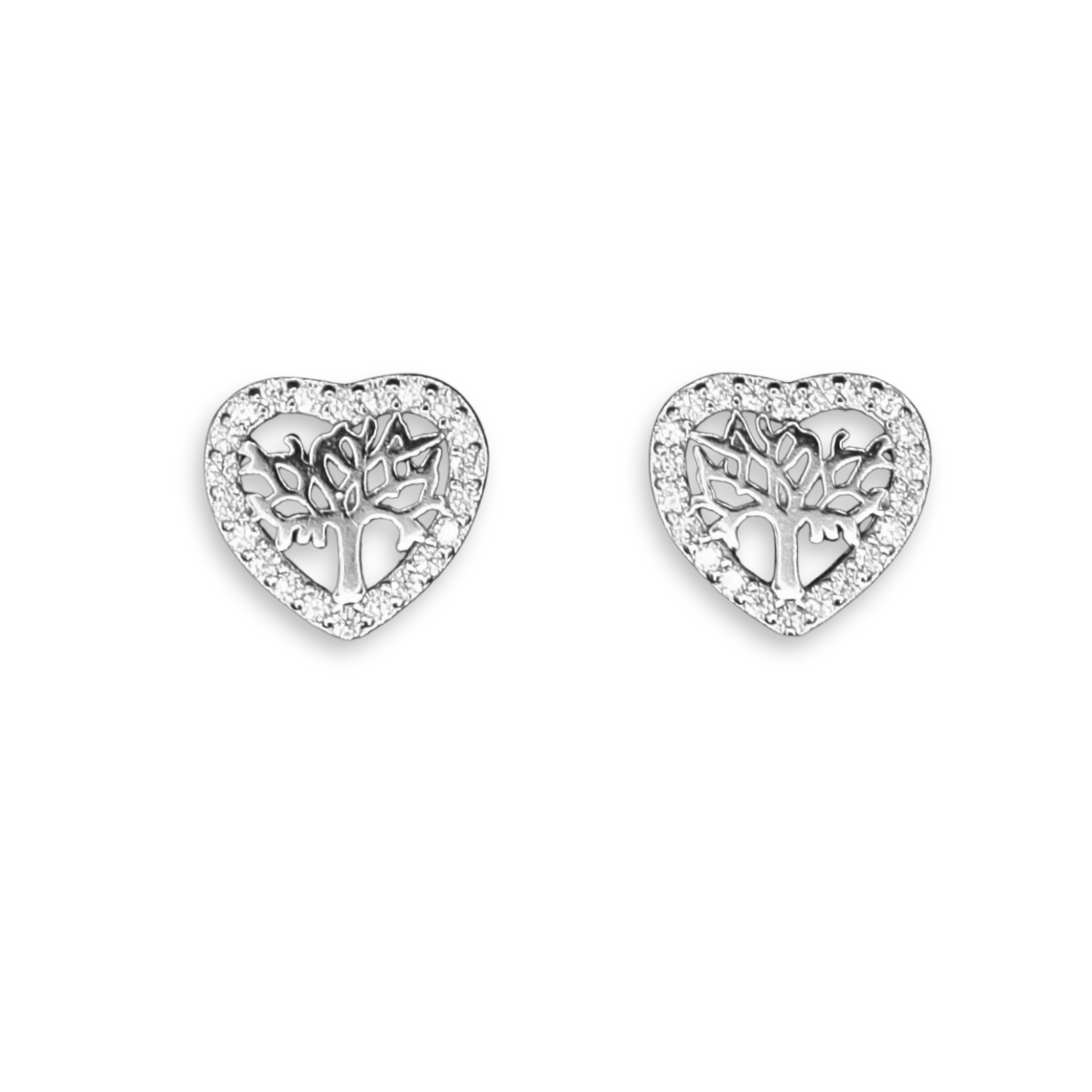 Sterling Silver Tree of Life Heart Stud Earrings, Pave-Set CZ Border