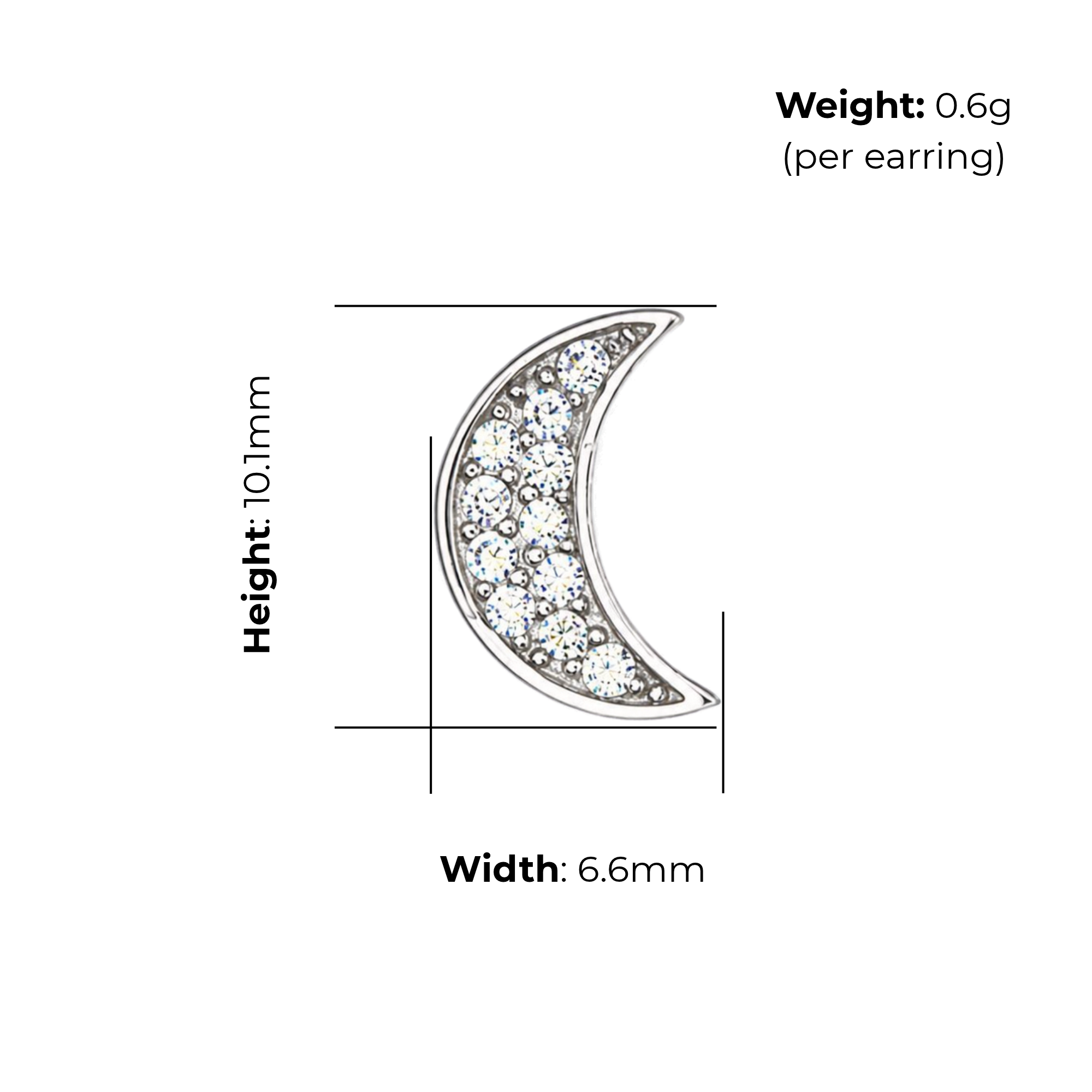 Sterling Silver Crescent Moon CZ Stud Earrings, product dimensions shown, width 6.6mm, height 10.1mm, weight 0.6g per earring