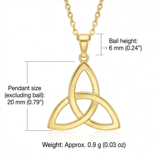 Gold Plated Sterling Silver Celtic Trinity Knot Pendant, triquetra design, mirror polish, product dimensions shown, height 20mm, bail height 6mm, weight 0.9g