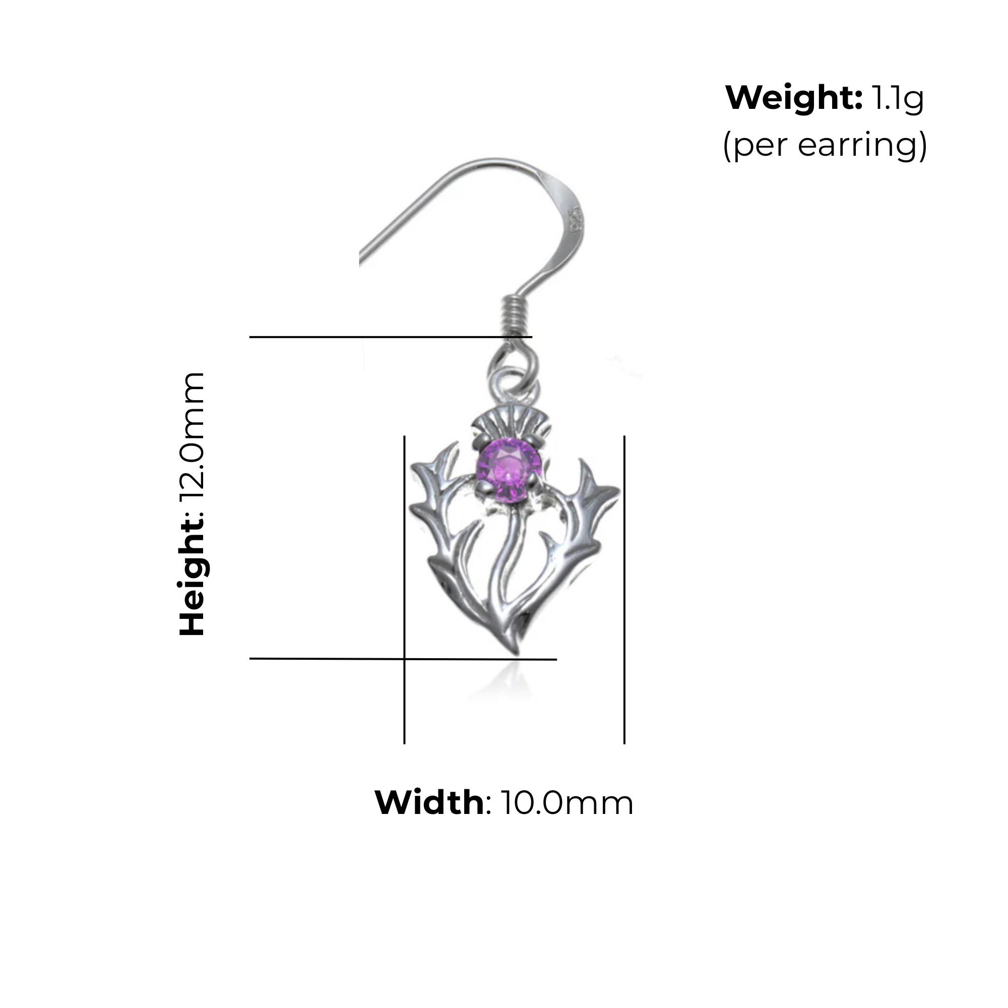 Sterling Silver Thistle Drop Earrings, amethyst, product dimensions shown, width 10mm, height 12mm, weight 1.1g per earring