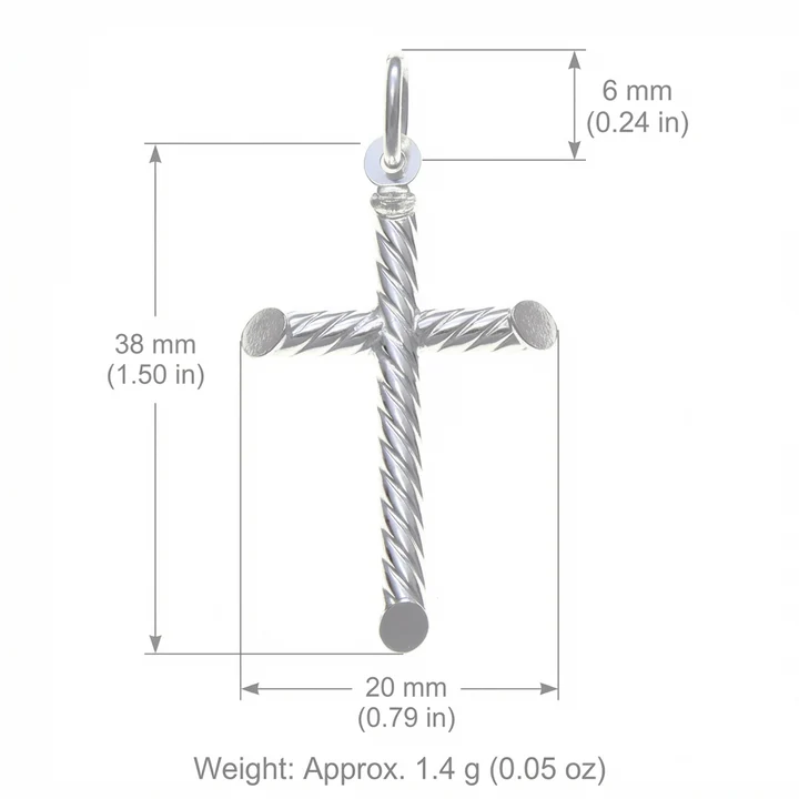Sterling Silver cross pendant, rope twist tubular arms, product dimensions shown, 38mm height 20mm width