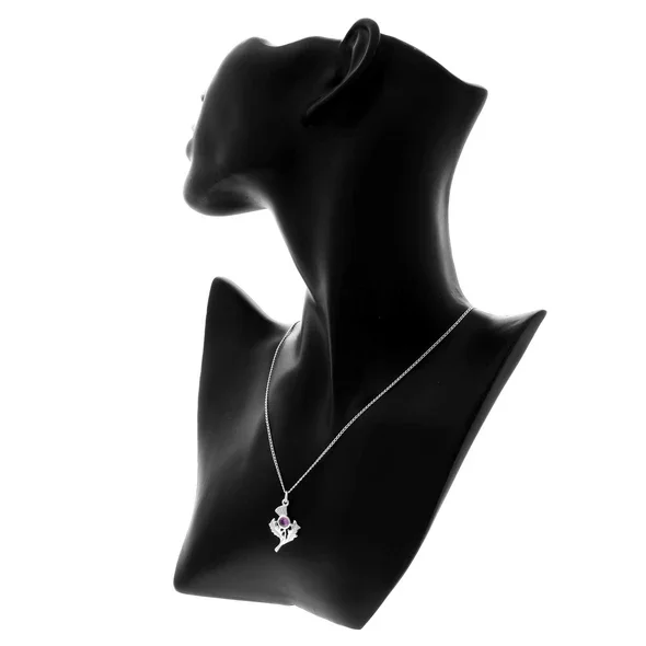 Sterling Silver Scottish Thistle Pendant, round amethyst bezel set, naturalistic leaf detail, shown on model bust giving scale