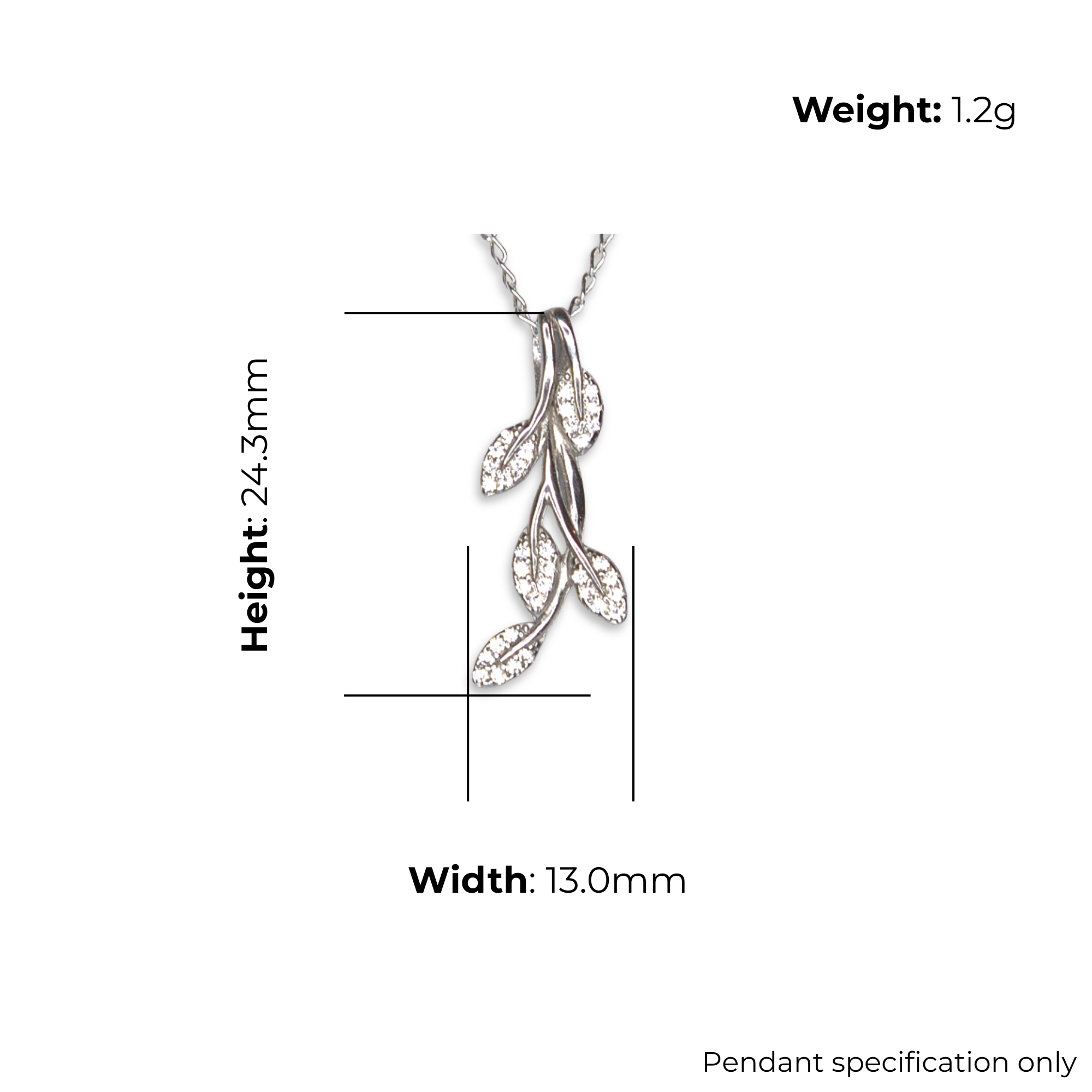 Sterling Silver Leaf Branch Pendant with CZ, product dimensions shown, width 13mm, height 24.3mm, weight 1.2g, pendant specification only