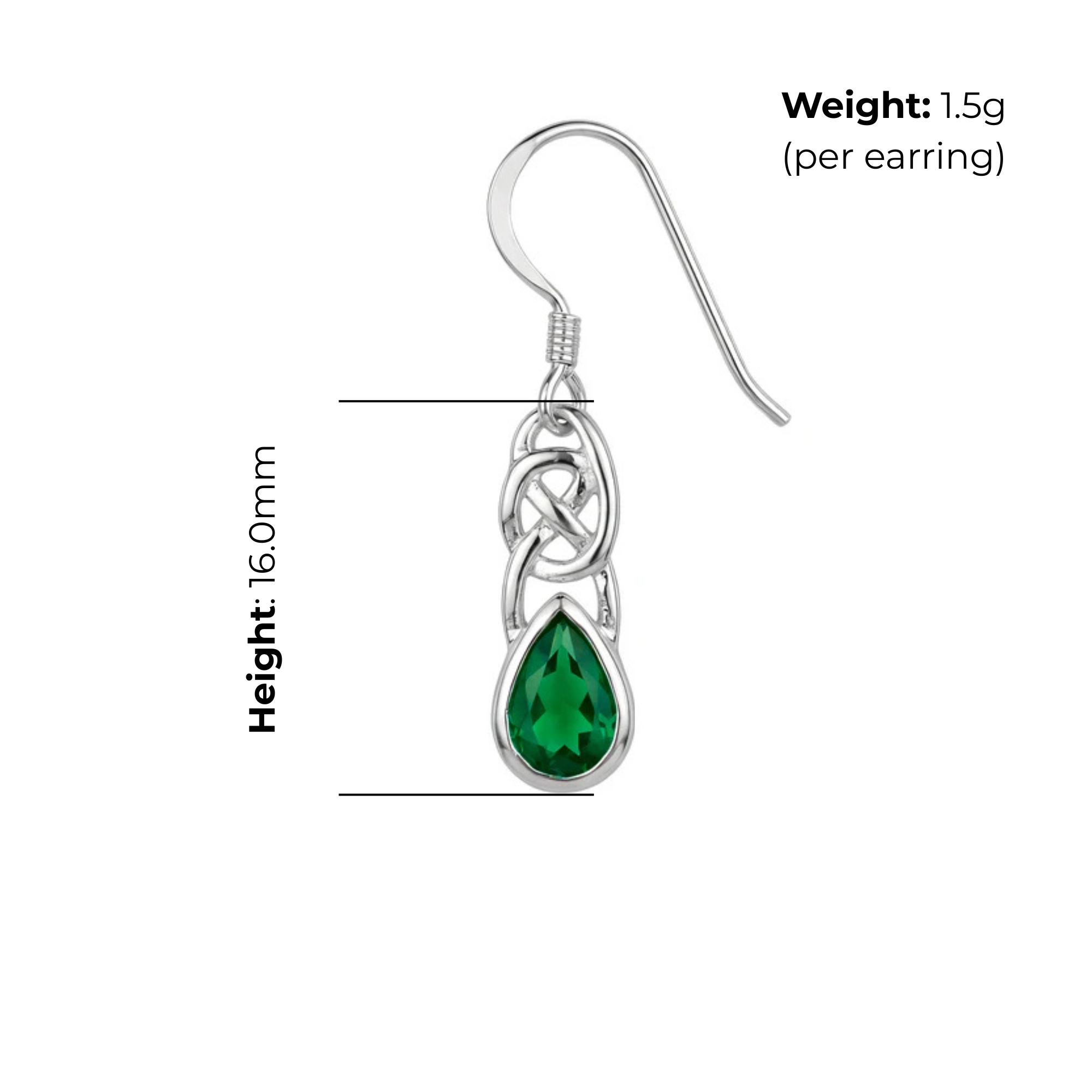Sterling Silver Celtic Knotwork Drop Earrings, pear-cut green stone bezel set, fish hook fitting, product dimensions shown, height 16mm, weight 1.5g per earring