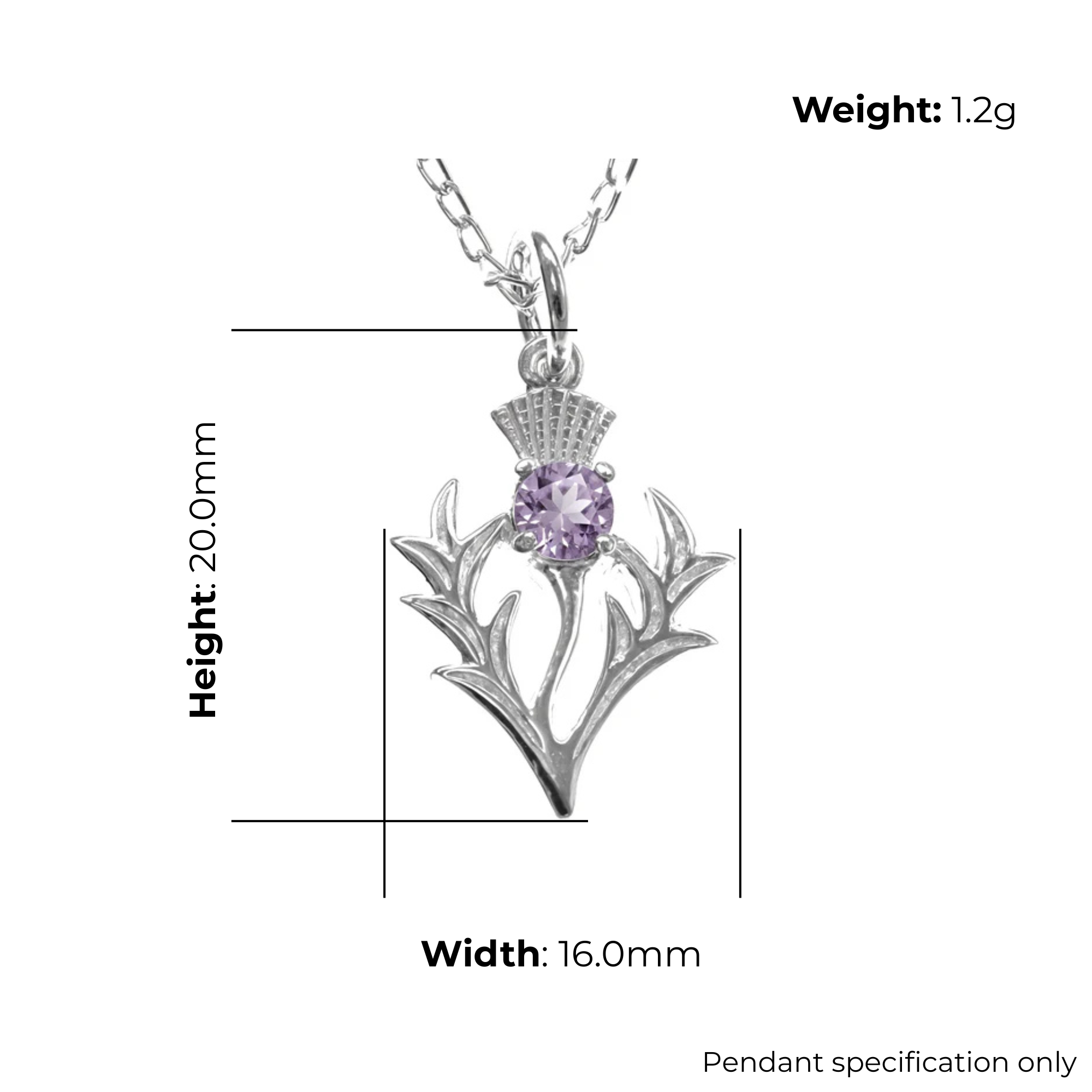 Sterling Silver Flat-Profile Thistle Pendant, Purple CZ, product dimensions shown, width 16mm, height 20mm, weight 1.2g, pendant specification only