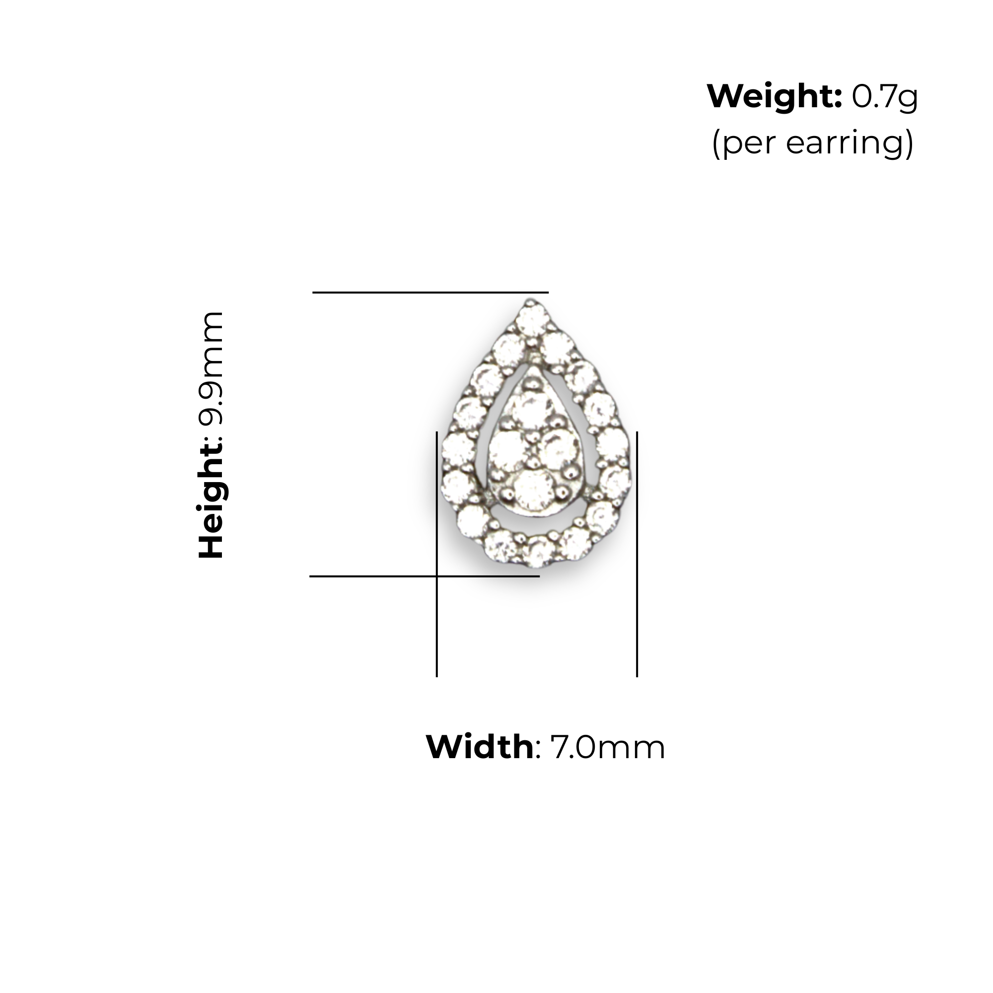 Sterling Silver Teardrop Stud Earrings, Pave-Set CZ, product dimensions shown, width 7.0mm, height 9.9mm, weight 0.7g per earring.