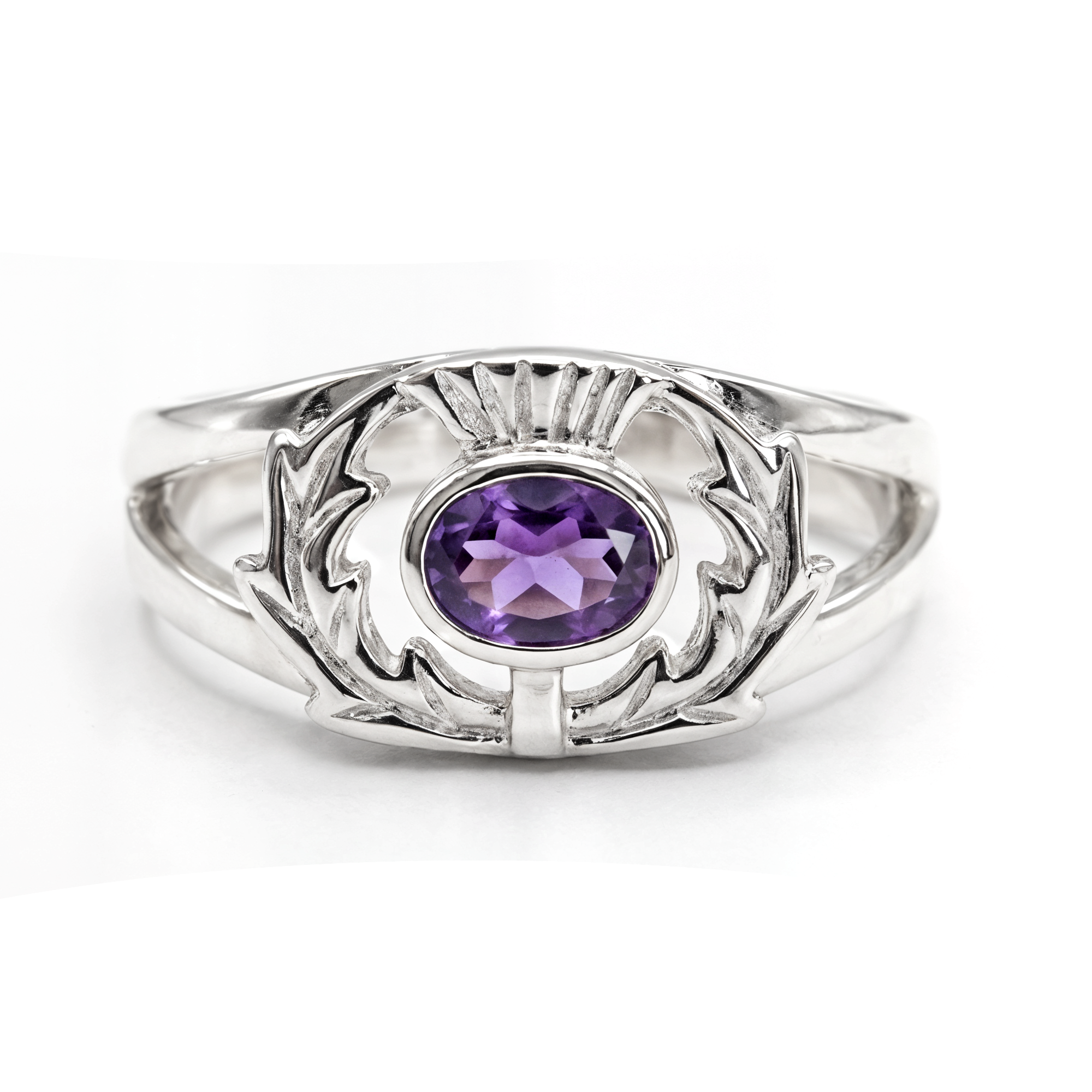 Sterling Silver & Purple CZ Scottish Thistle Oval Ring (SSR8918)
