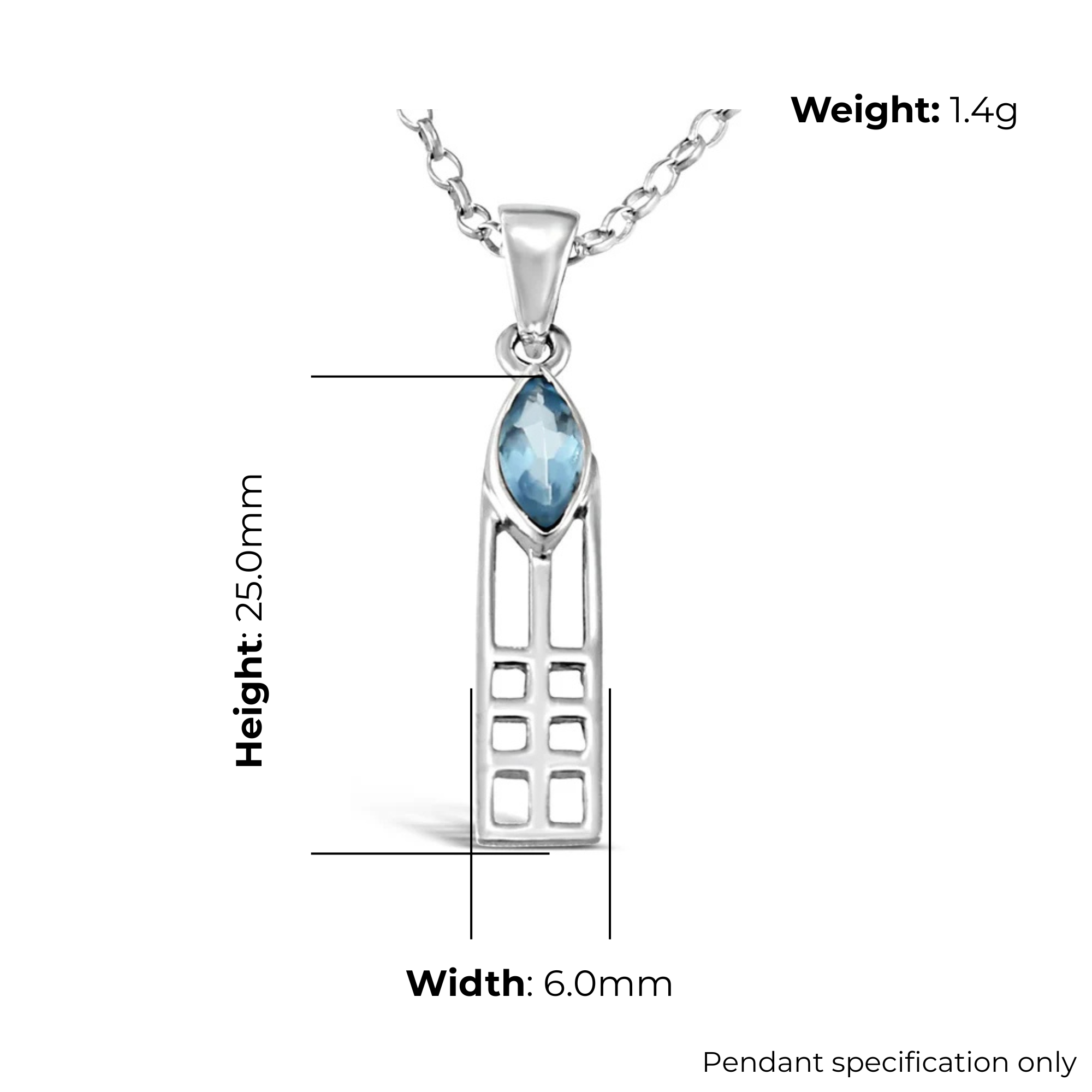 Sterling Silver Charles Rennie Mackintosh Column Pendant, geometric grid design, product dimensions shown, width 6mm, height 25mm, weight 1.4g, pendant specification only
