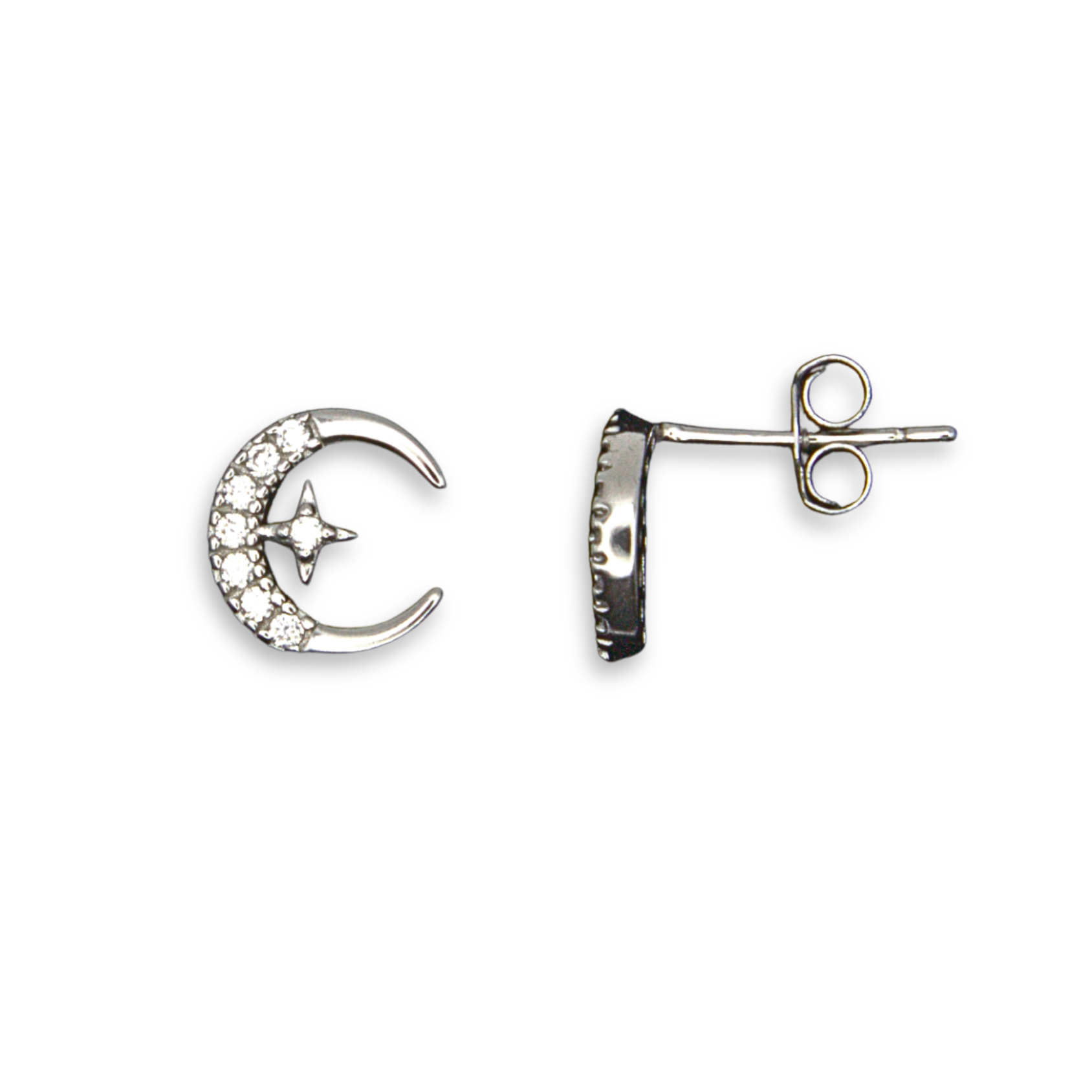 Sterling Silver Crescent Moon and Star Stud Earrings, Pave-Set CZ