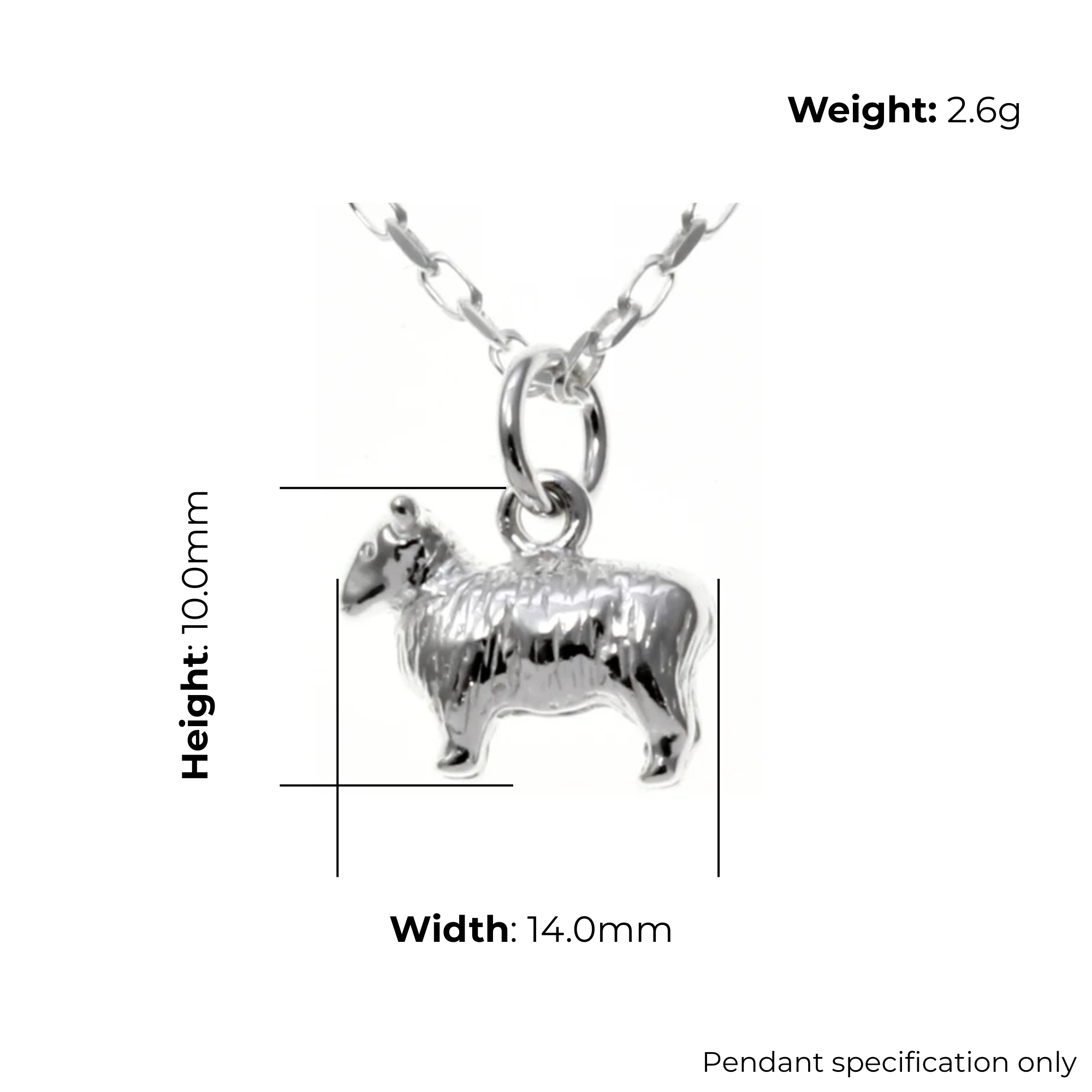 Sterling Silver Sheep Pendant, engraved fleece, product dimensions shown, width 14mm, height 10mm, weight 2.6g, pendant specification only