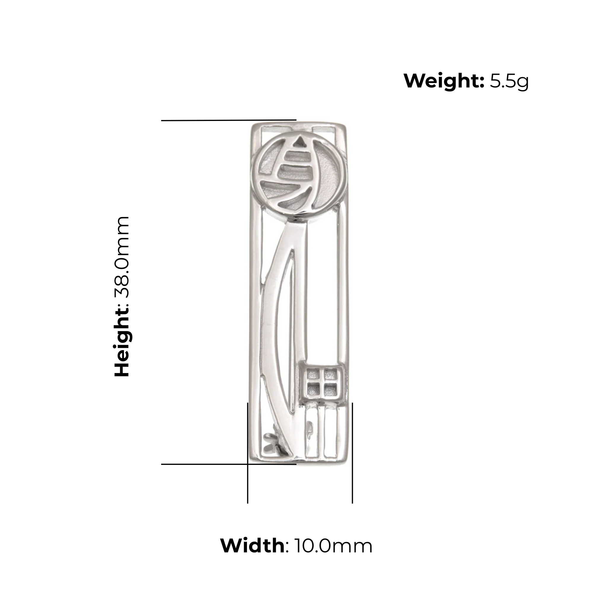 Sterling Silver Charles Rennie Mackintosh Column Brooch, abstracted rose design, product dimensions shown, width 10mm, height 38mm, weight 5.5g