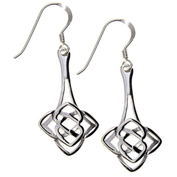 Sterling Silver Celtic Square Knotwork Drop Earrings, tapered stem, geometric interlace, fish hook fitting.