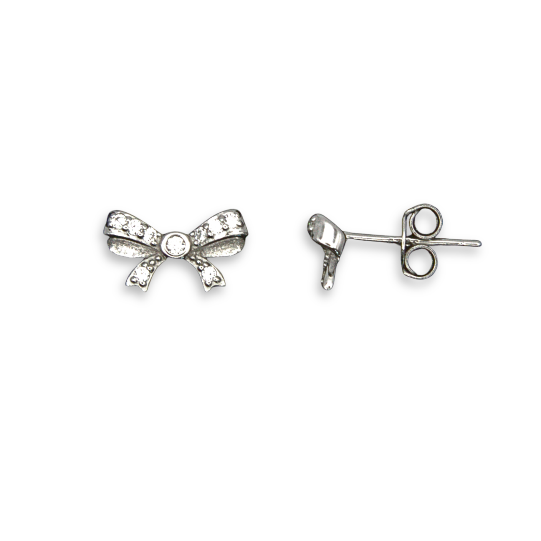 Sterling Silver Bow Stud Earrings, CZ Detail