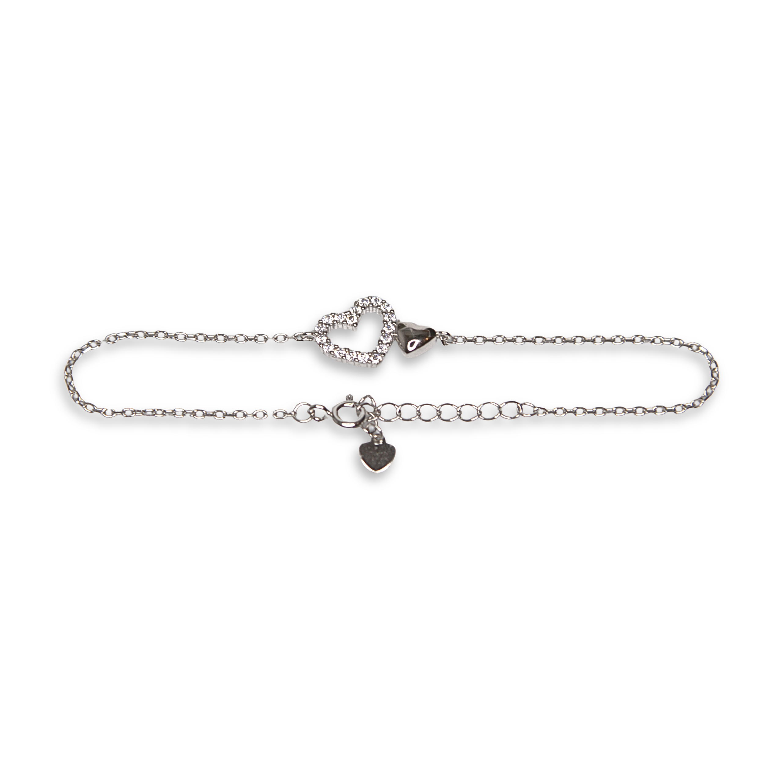 Sterling Silver Double Heart Bracelet, CZ, 20cm
