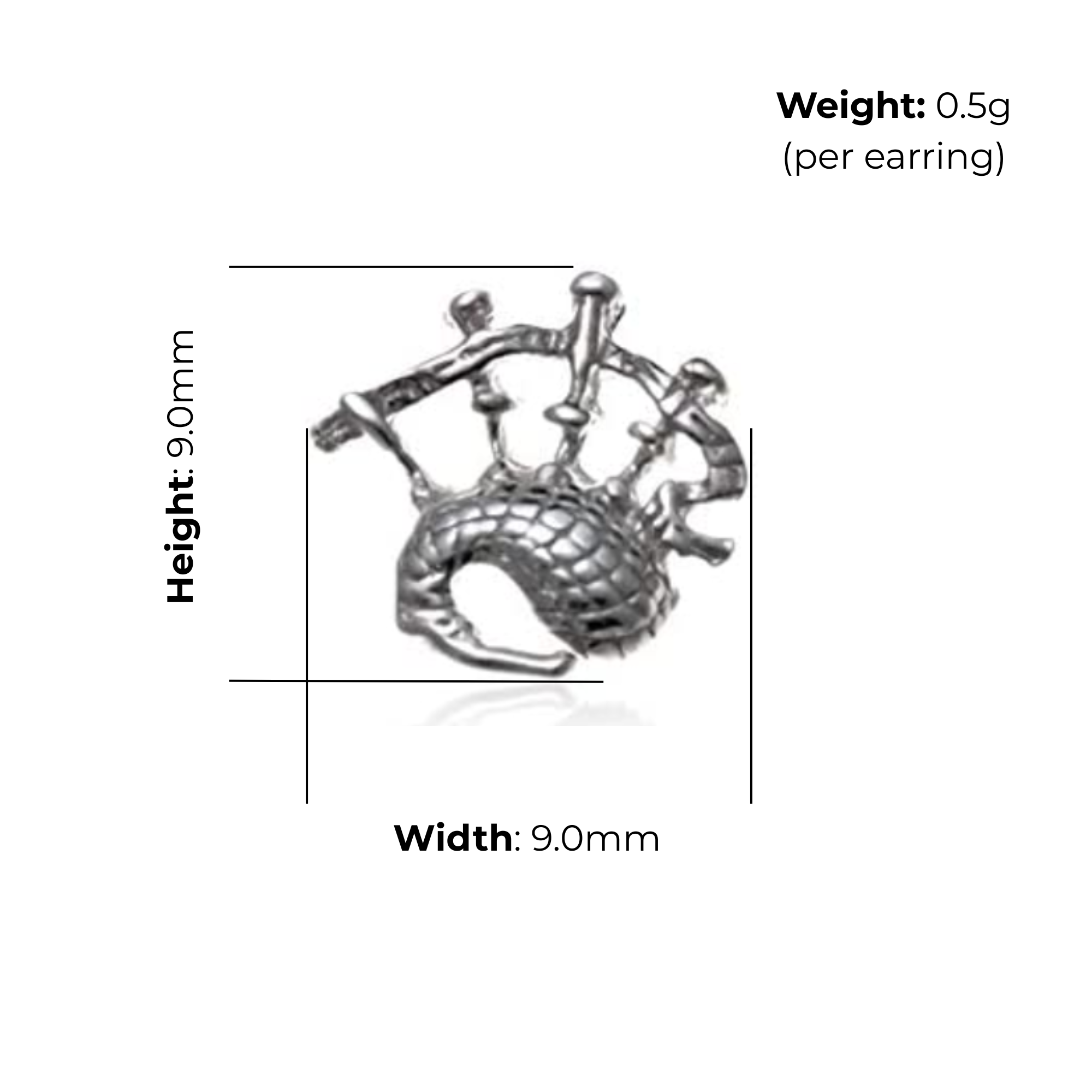 Sterling Silver Bagpipes Stud Earrings, textured detail, product dimensions shown, width 9mm, height 9mm, weight 0.5g per earring