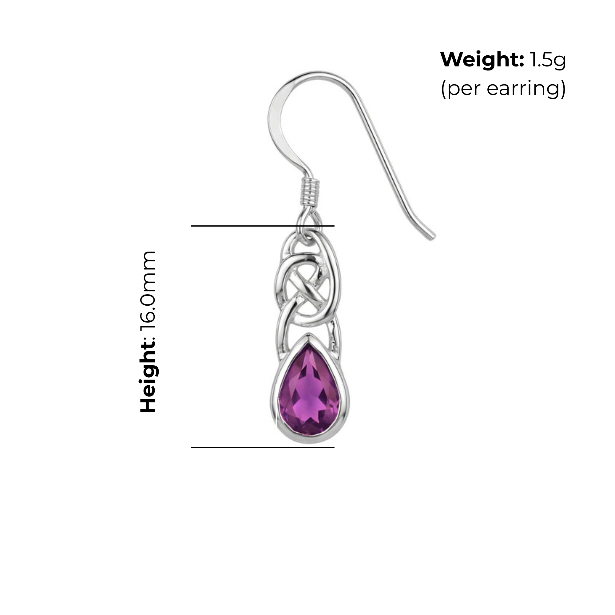 Sterling Silver Celtic Knotwork Drop Earrings, pear-cut purple stone bezel set, fish hook fitting, product dimensions shown, height 16mm, weight 1.5g per earring