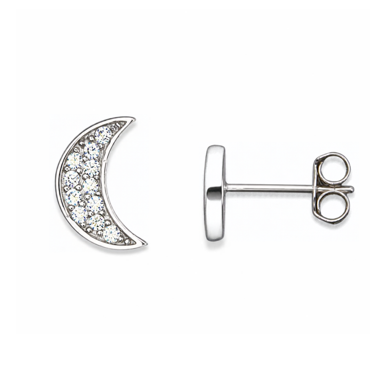 Sterling Silver Crescent Moon CZ Stud Earrings