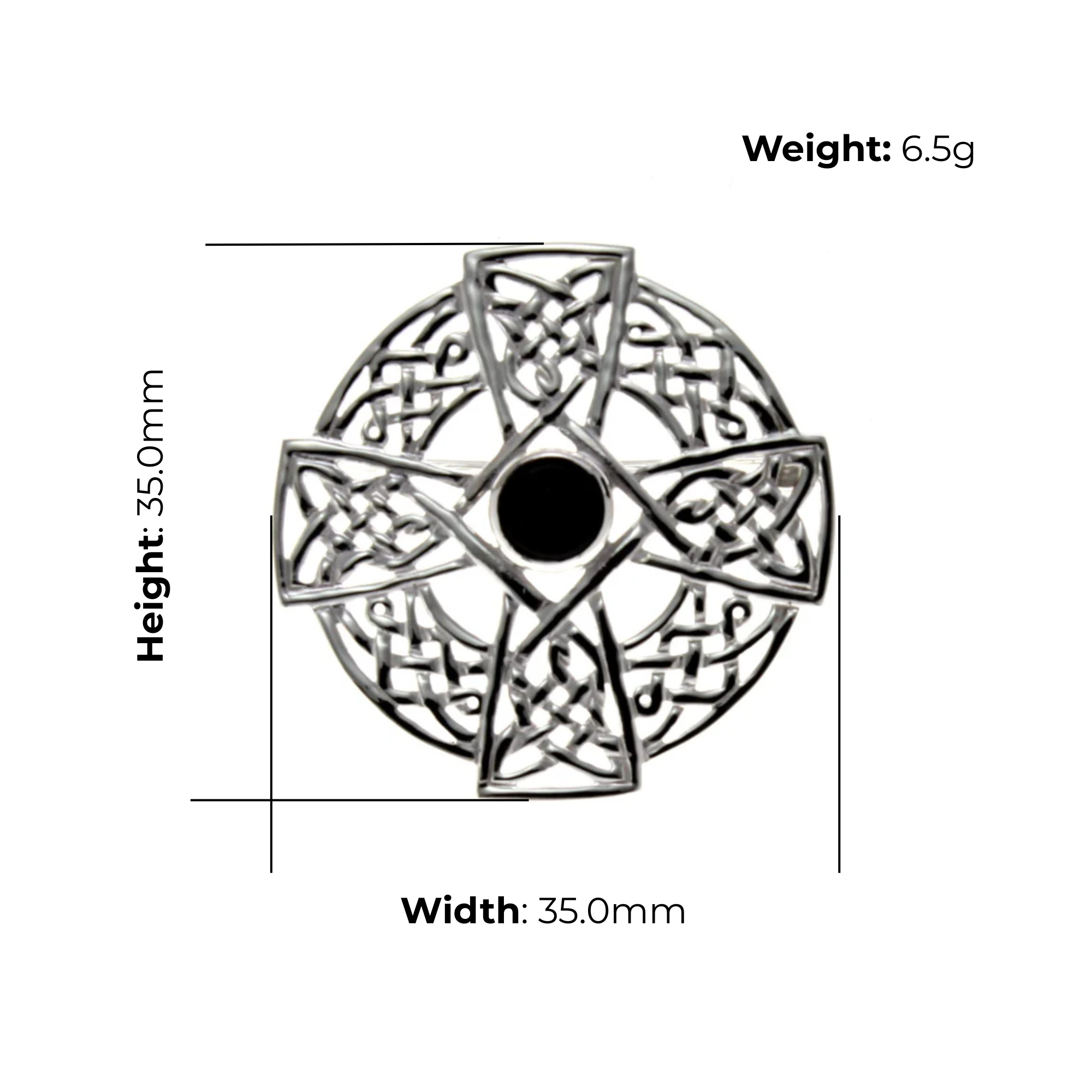Sterling Silver Celtic Cross Brooch, black cubic zirconia, product dimensions shown, width 35mm, height 35mm, weight 6.5g
