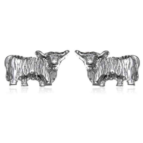 Sterling Silver Scottish Highland Cow Stud Earrings, sculpted form, engraved coat detail, 12mm x 7mm, push back fitting.