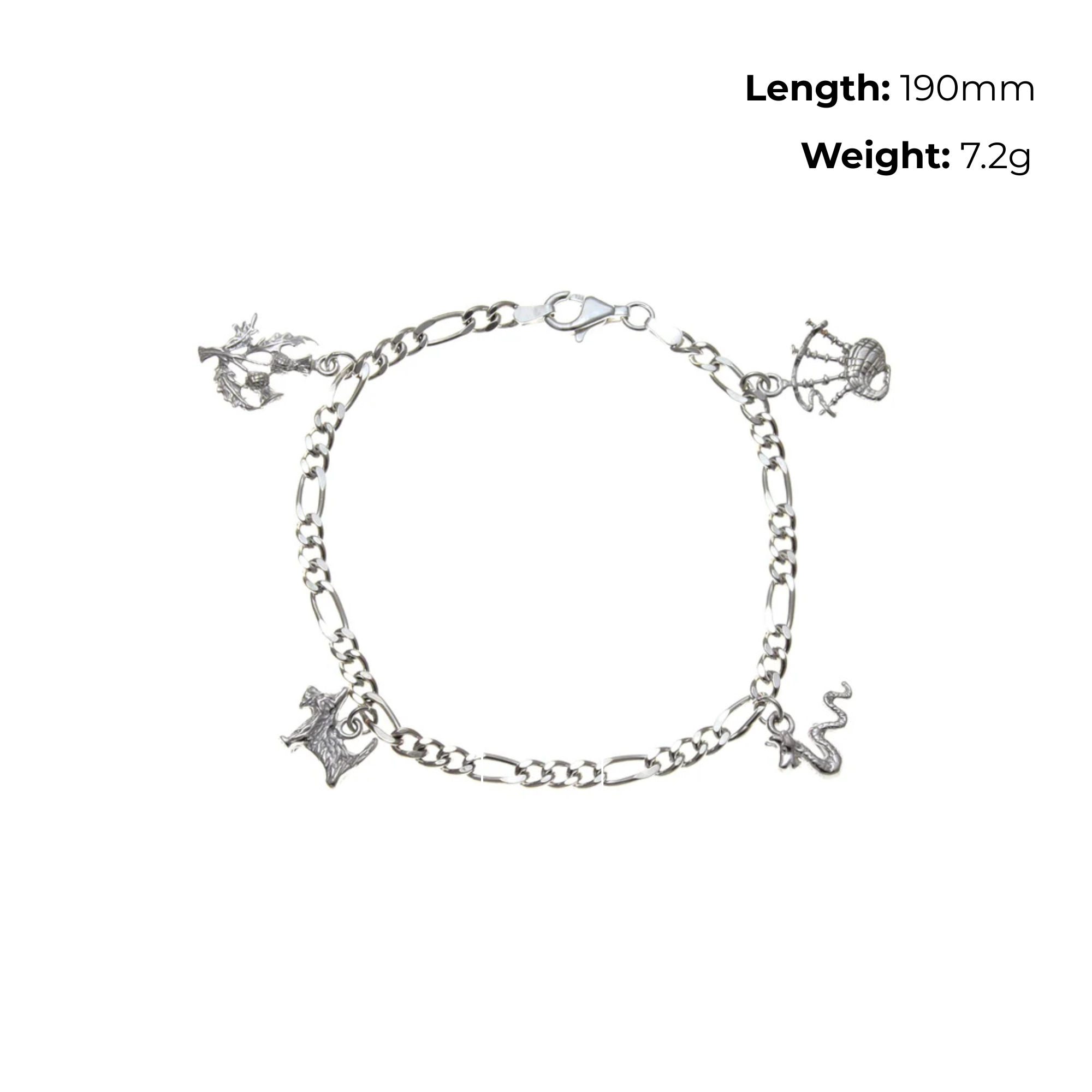 Sterling Silver Scottish Charm Bracelet, thistle, bagpipes, Nessie, Scottie dog, product dimensions shown, length 190mm, weight 7.2g