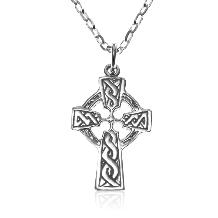 Sterling Silver Celtic cross pendant, ringed crosshead with S-scroll knotwork, oxidised embossed interlaced shaft, 25mm