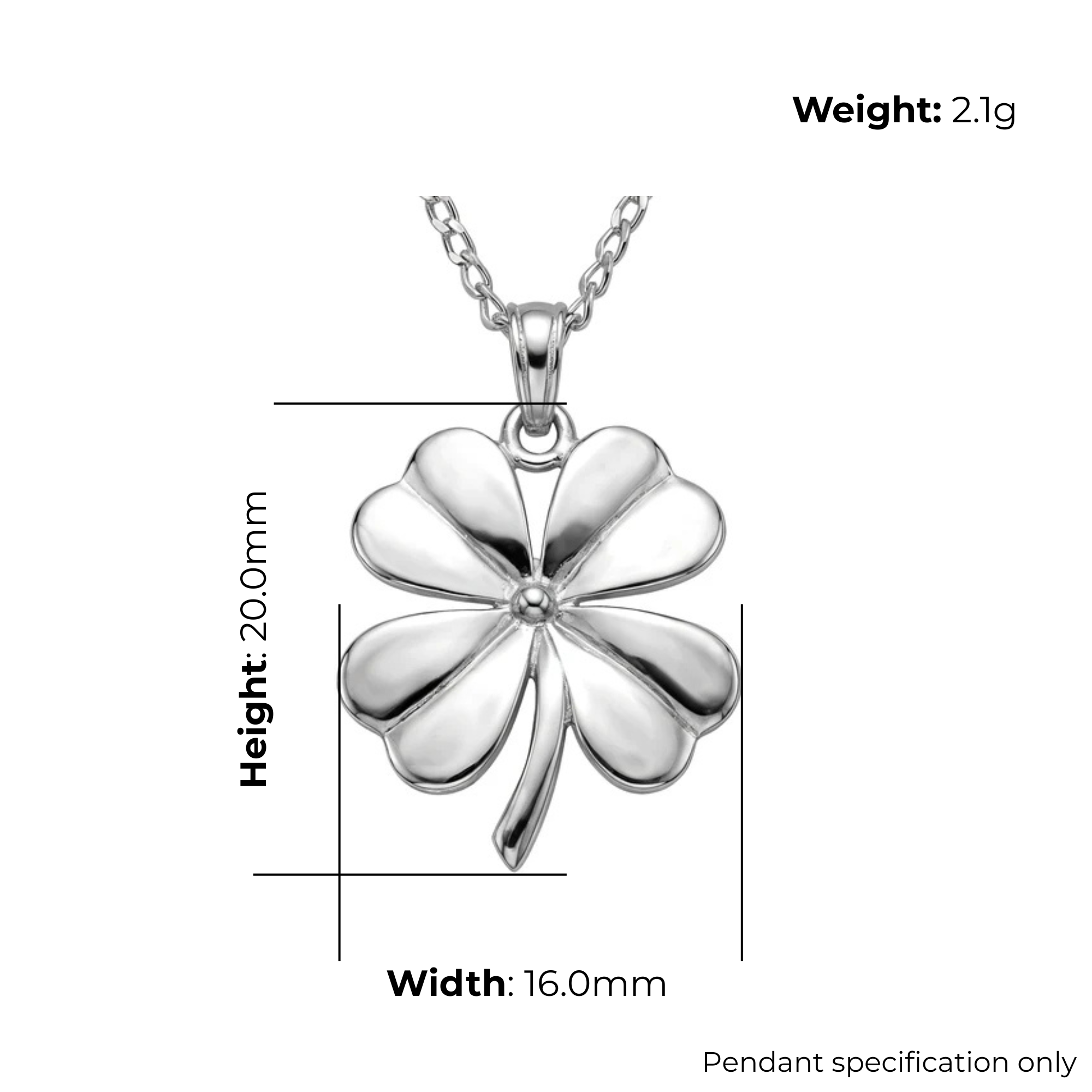 Sterling Silver Four Leaf Clover Pendant, sculpted four-lobe form, high mirror polish, product dimensions shown, width 16mm, height 20mm, weight 2.1g, pendant specification only