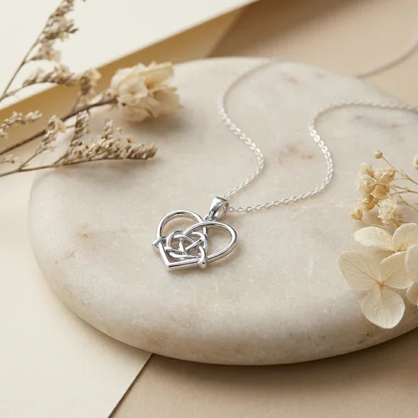 Sterling Silver Celtic Trinity Knot Heart Pendant, open heart frame, high mirror polish, shown on sea stone with dried botanicals